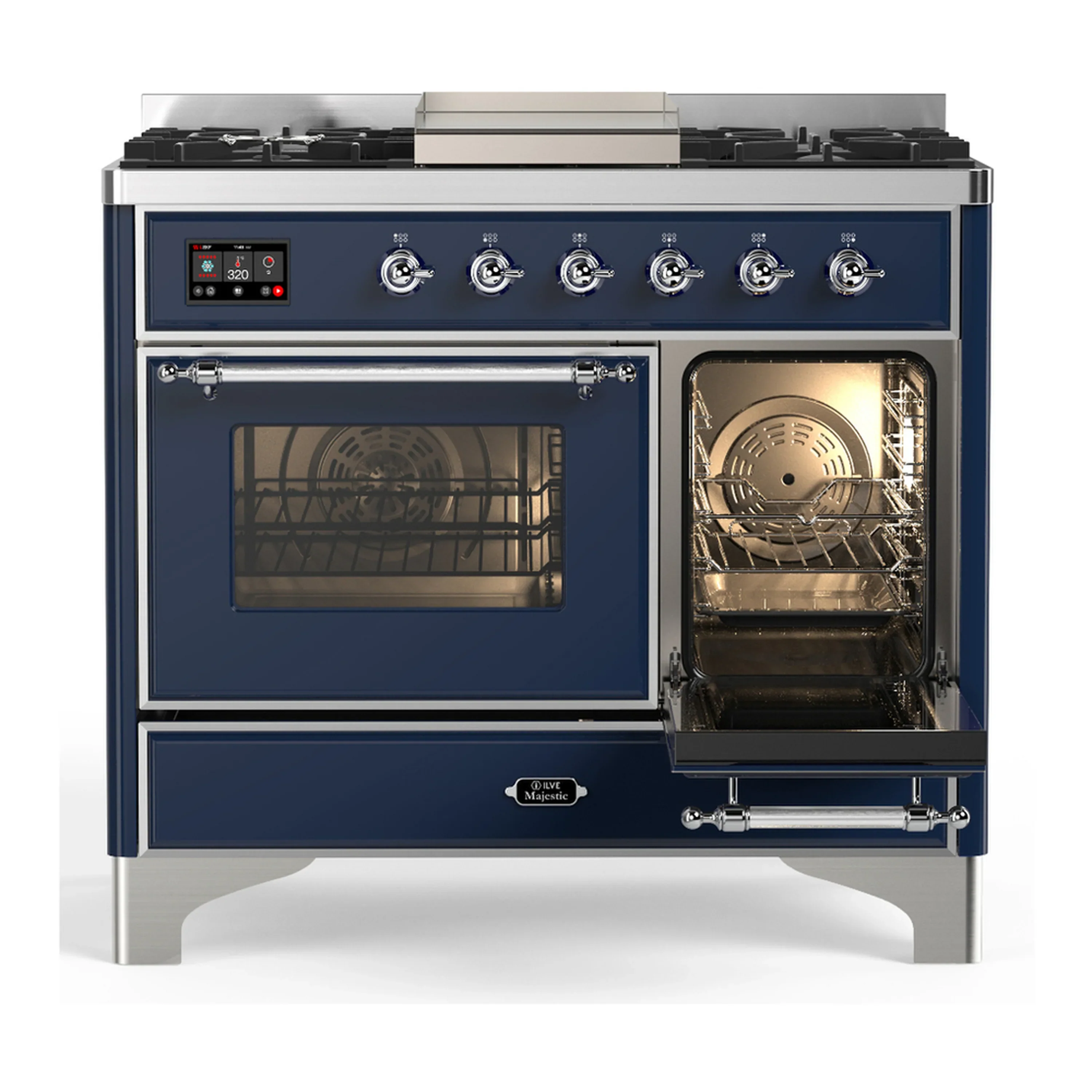 ILVE Majestic III 40-inch Dual Fuel Range with 6 Natural Gas Burner, Griddle and Triple Glass Door Electric Oven in Midnight Blue with Chrome Trim (UMD40FNR3MBC) - Image 4