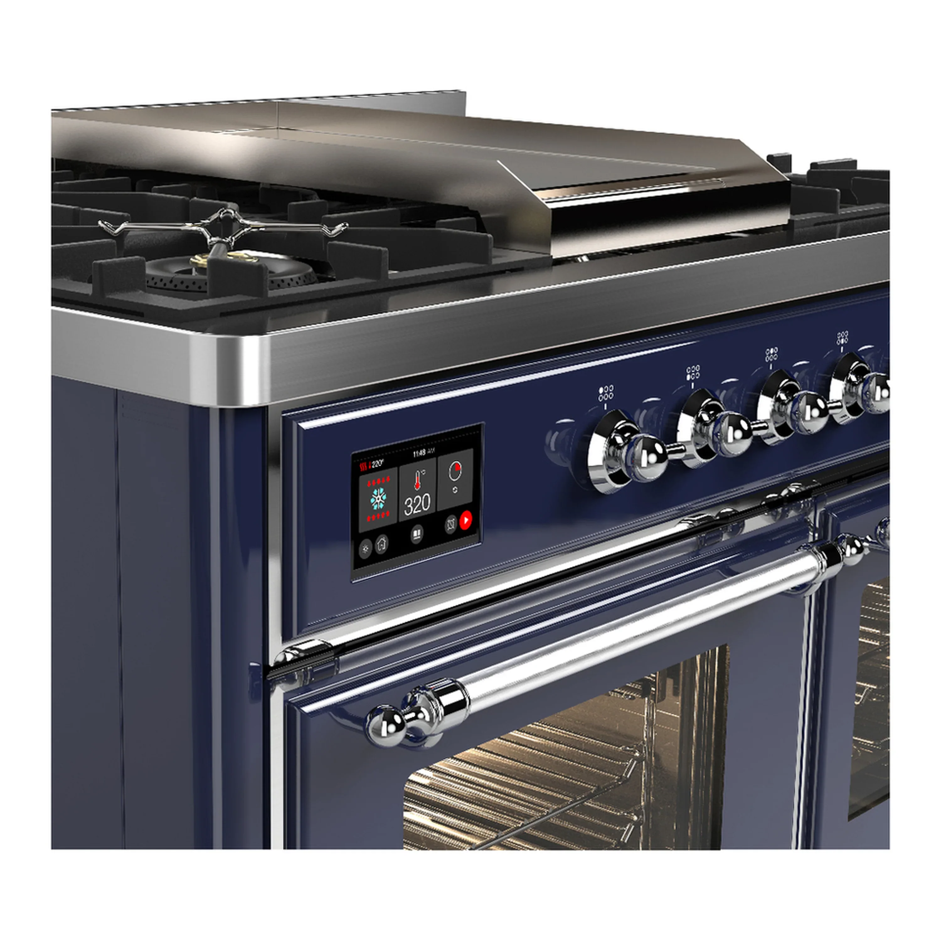 ILVE Majestic III 40-inch Dual Fuel Range with 6 Natural Gas Burner, Griddle and Triple Glass Door Electric Oven in Midnight Blue with Chrome Trim (UMD40FNR3MBC) - Image 7
