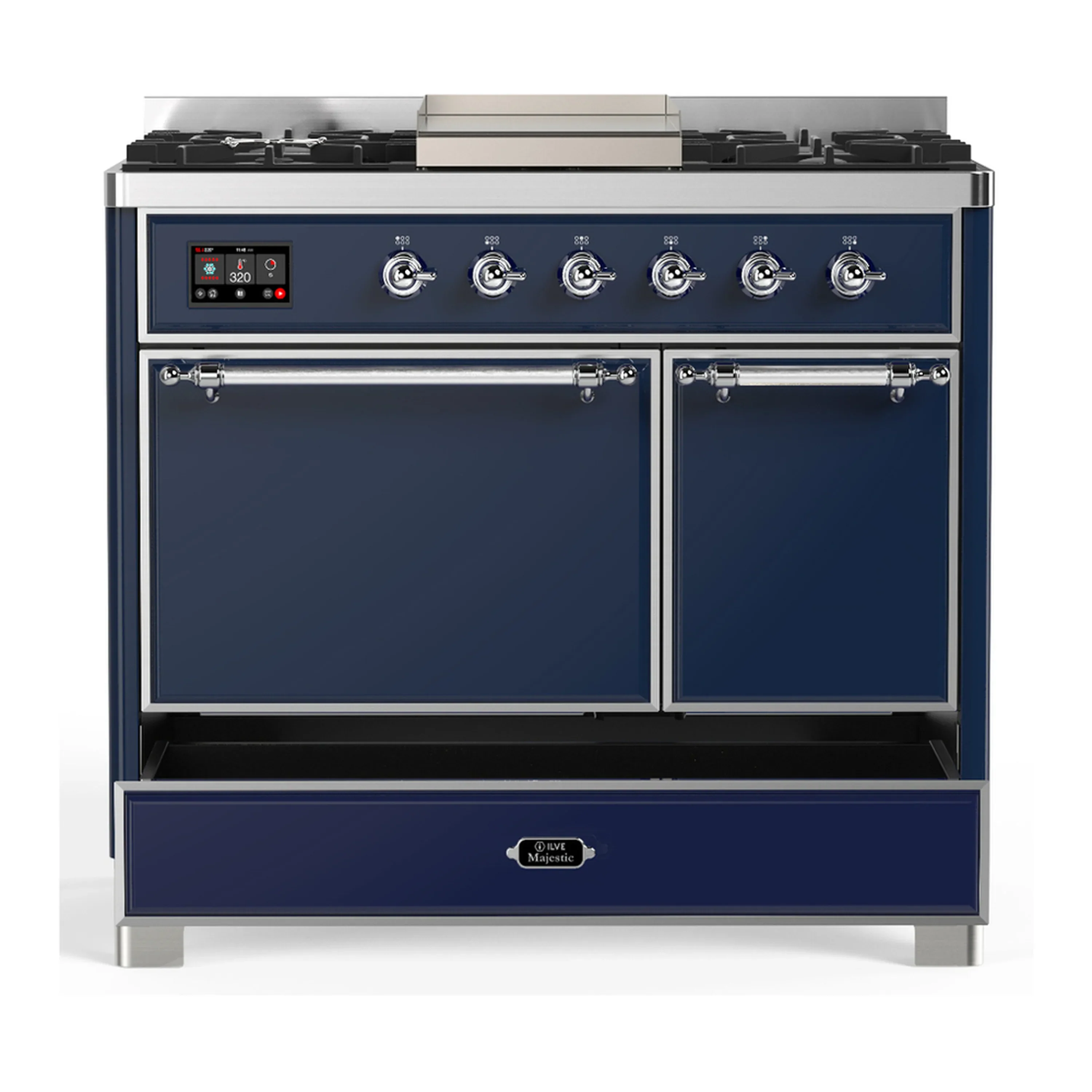 ILVE Majestic III 40-inch Dual Fuel Range with 6 Natural Gas Burner, Griddle and Solid Door Electric Oven in Midnight Blue with Chrome Trim (UMD40FQNR3MBC) - Image 3