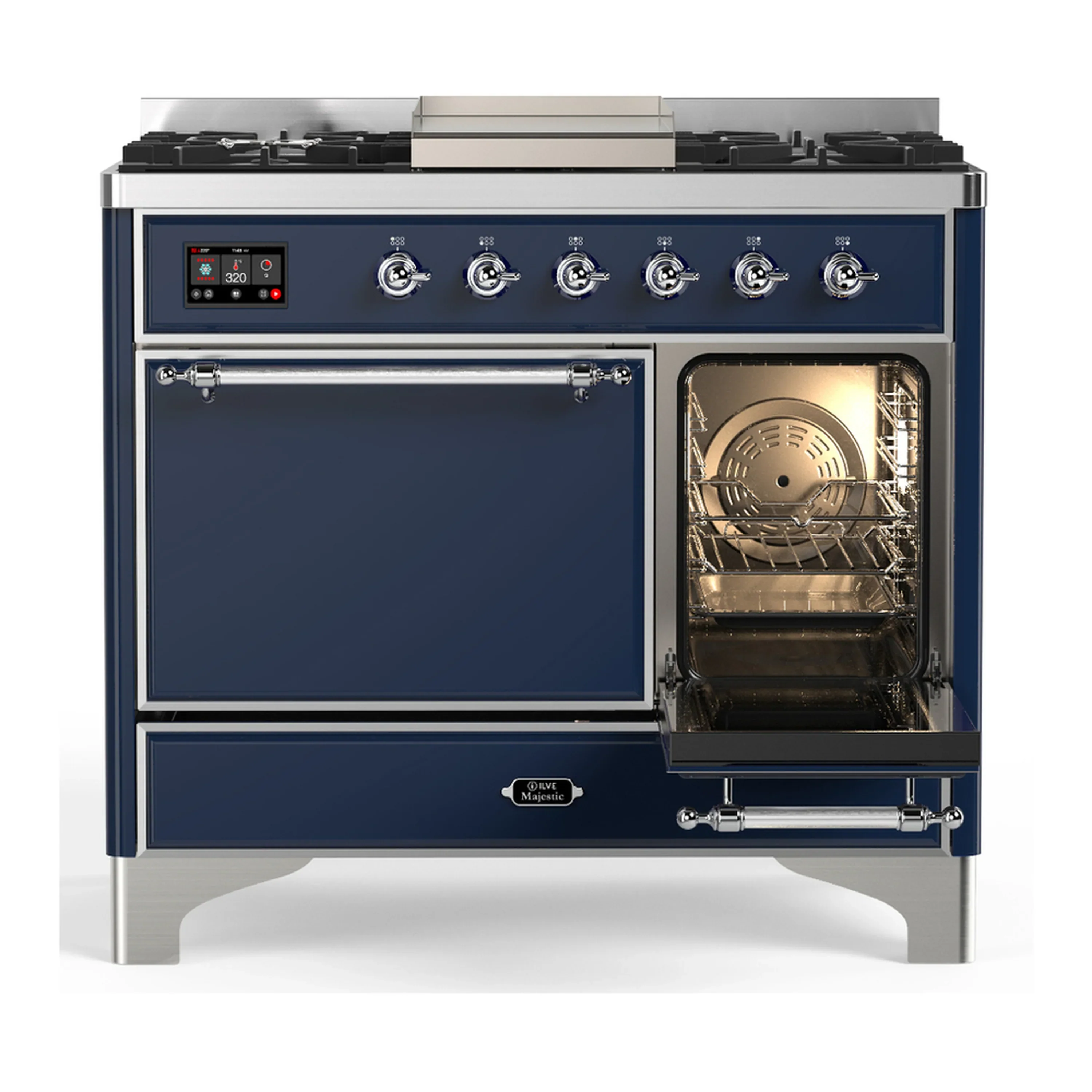 ILVE Majestic III 40-inch Dual Fuel Range with 5 Liquid Propane Burner, Griddle and Solid Door Electric Oven in Midnight Blue with Chrome Trim (UMD40FQNR3MBCLP) - Image 4