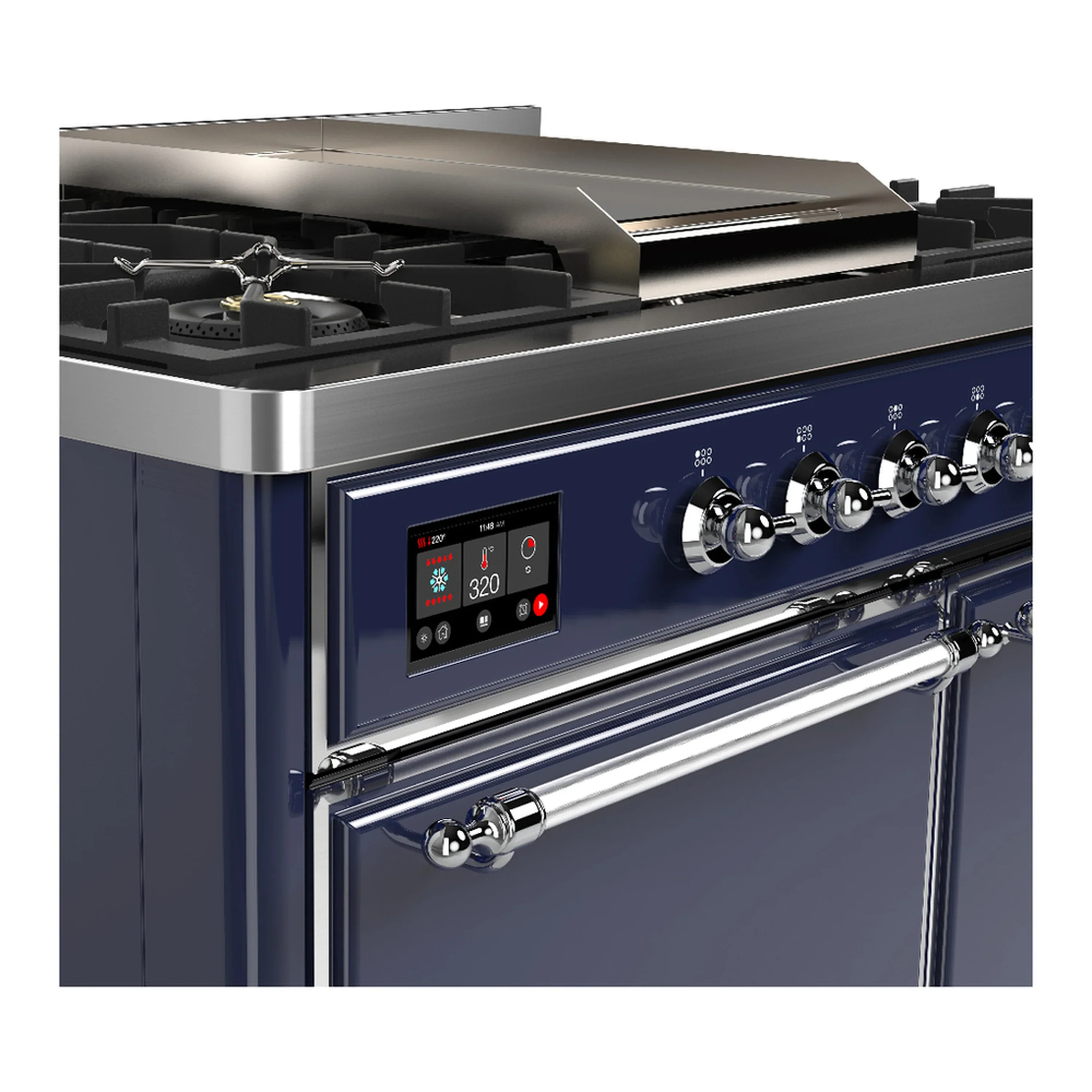 ILVE Majestic III 40-inch Dual Fuel Range with 5 Liquid Propane Burner, Griddle and Solid Door Electric Oven in Midnight Blue with Chrome Trim (UMD40FQNR3MBCLP) - Image 7