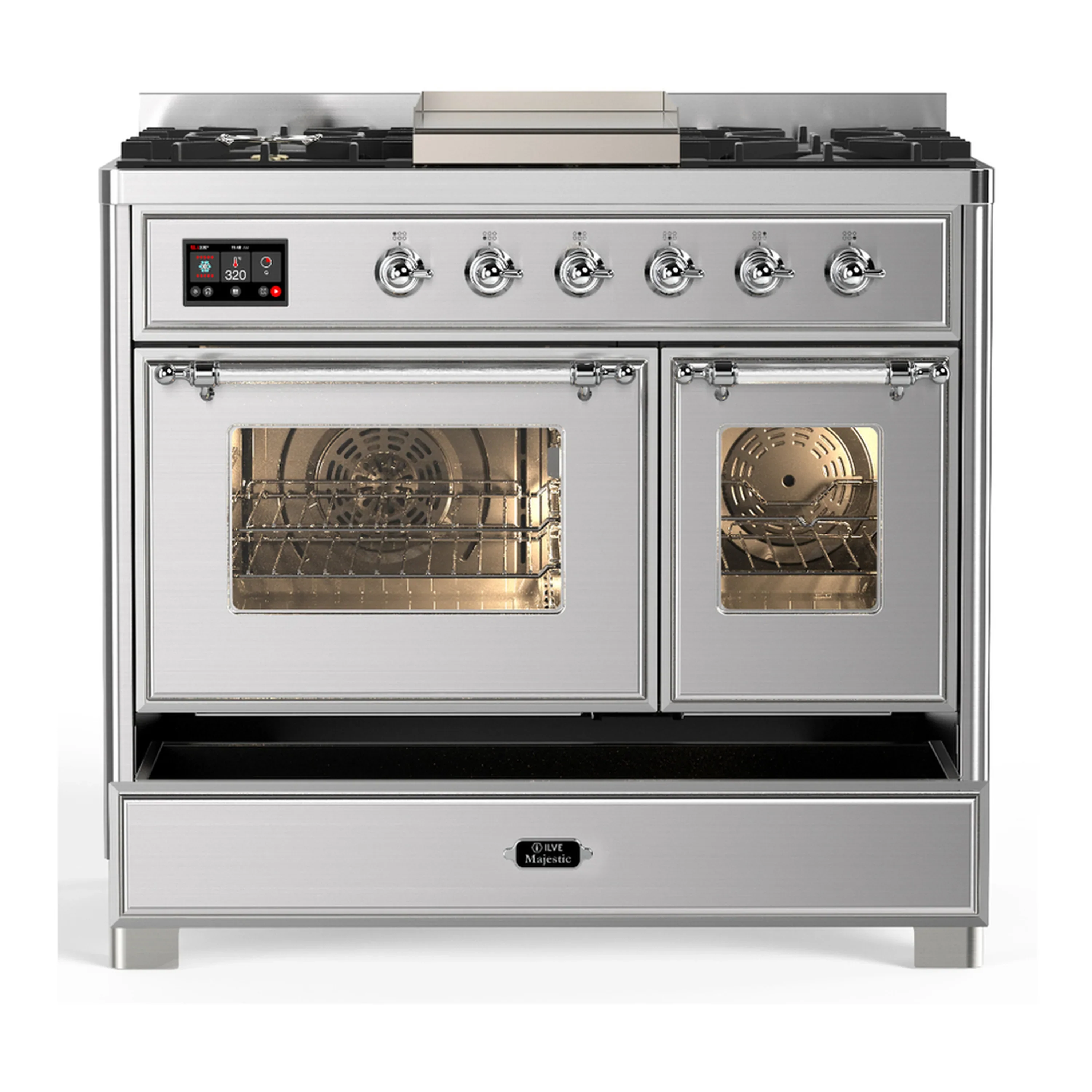 ILVE Majestic III 40-inch Dual Fuel Range with 6 Natural Gas Burner, Griddle and Triple Glass Door Electric Oven in Stainless Steel with Chrome Trim (UMD40FNR3SSC) - Image 3