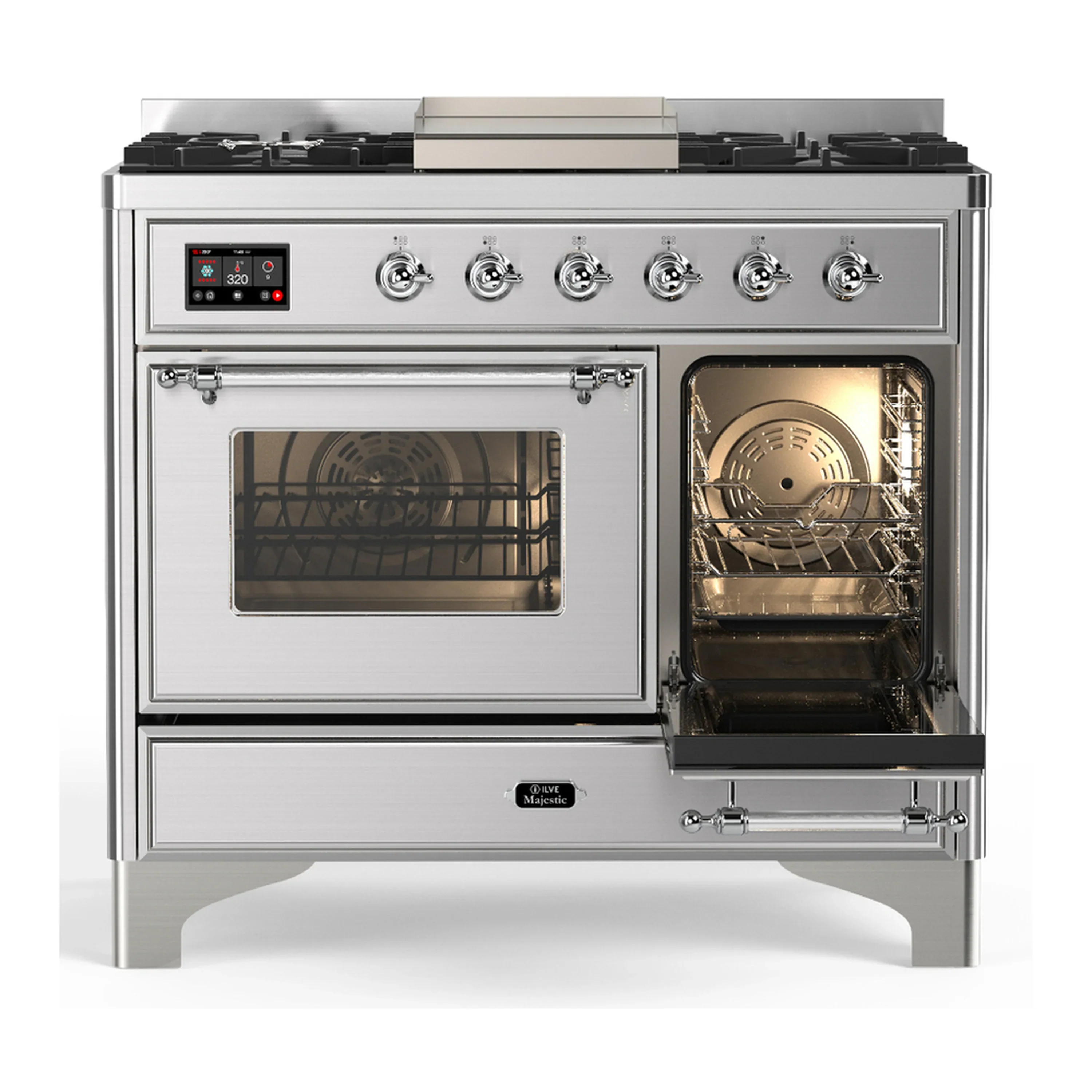 ILVE Majestic III 40-inch Dual Fuel Range with 6 Natural Gas Burner, Griddle and Triple Glass Door Electric Oven in Stainless Steel with Chrome Trim (UMD40FNR3SSC) - Image 4