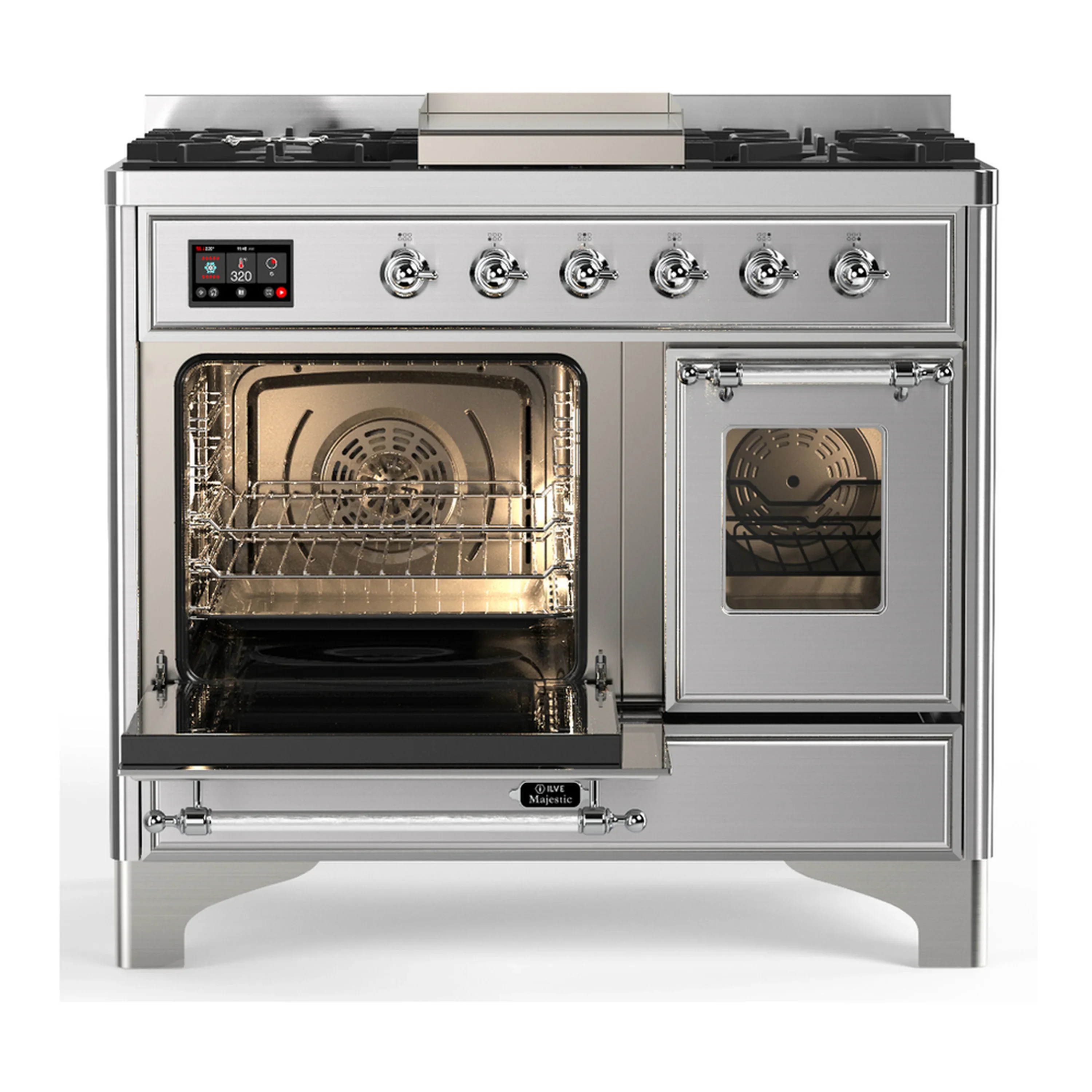 ILVE Majestic III 40-inch Dual Fuel Range with 6 Natural Gas Burner, Griddle and Triple Glass Door Electric Oven in Stainless Steel with Chrome Trim (UMD40FNR3SSC) - Image 5