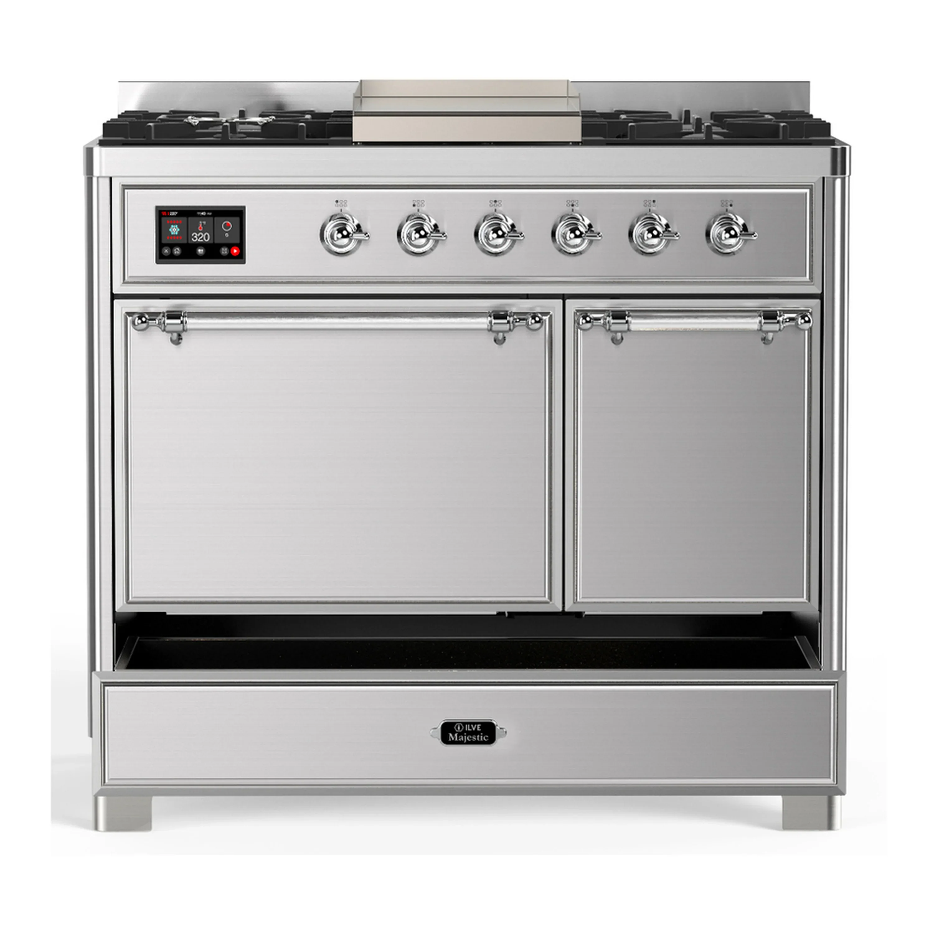 ILVE Majestic III 40-inch Dual Fuel Range with 6 Natural Gas Burner, Griddle and Solid Door Electric Oven in Stainless Steel with Chrome Trim (UMD40FQNR3SSC) - Image 3