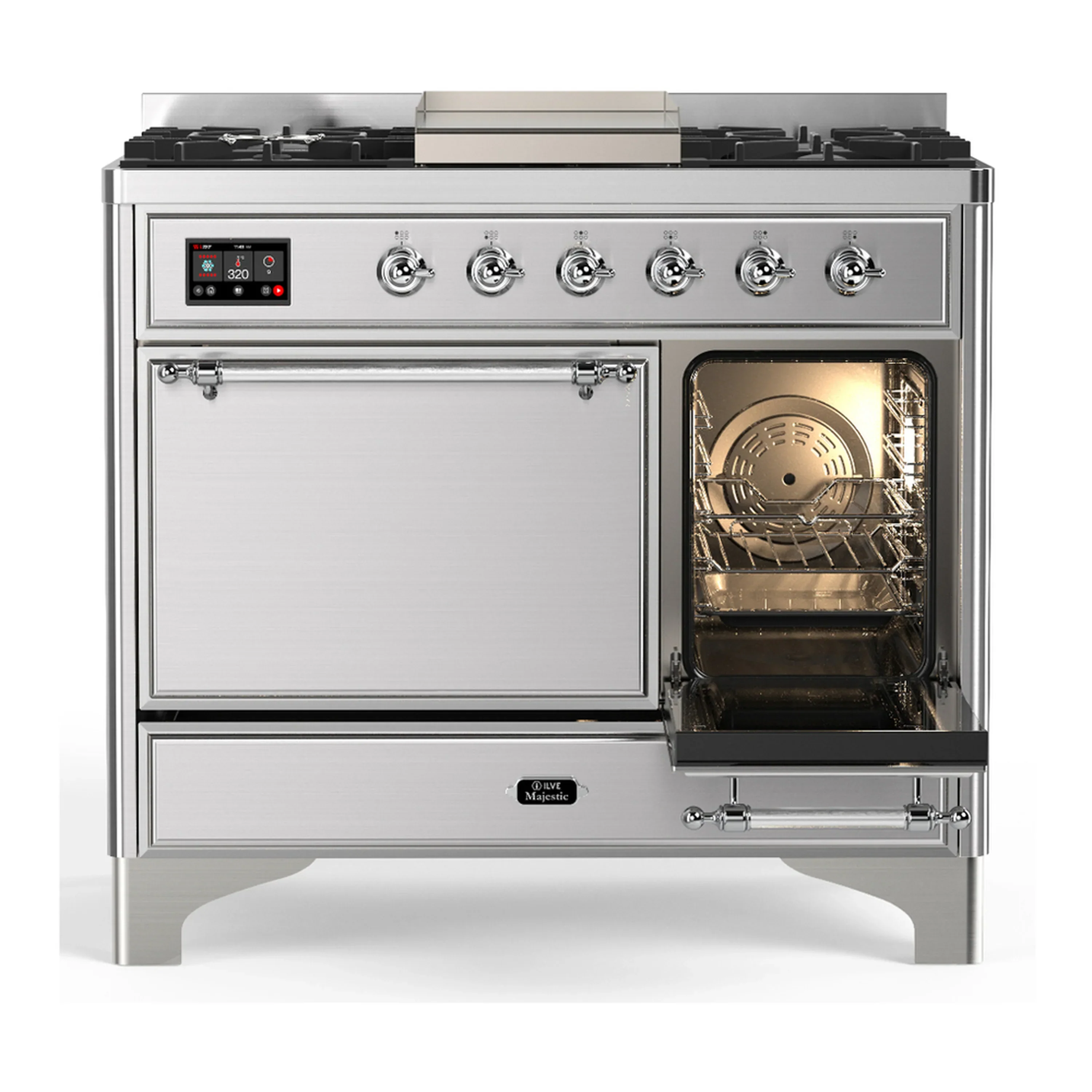 ILVE Majestic III 40-inch Dual Fuel Range with 6 Natural Gas Burner, Griddle and Solid Door Electric Oven in Stainless Steel with Chrome Trim (UMD40FQNR3SSC) - Image 4