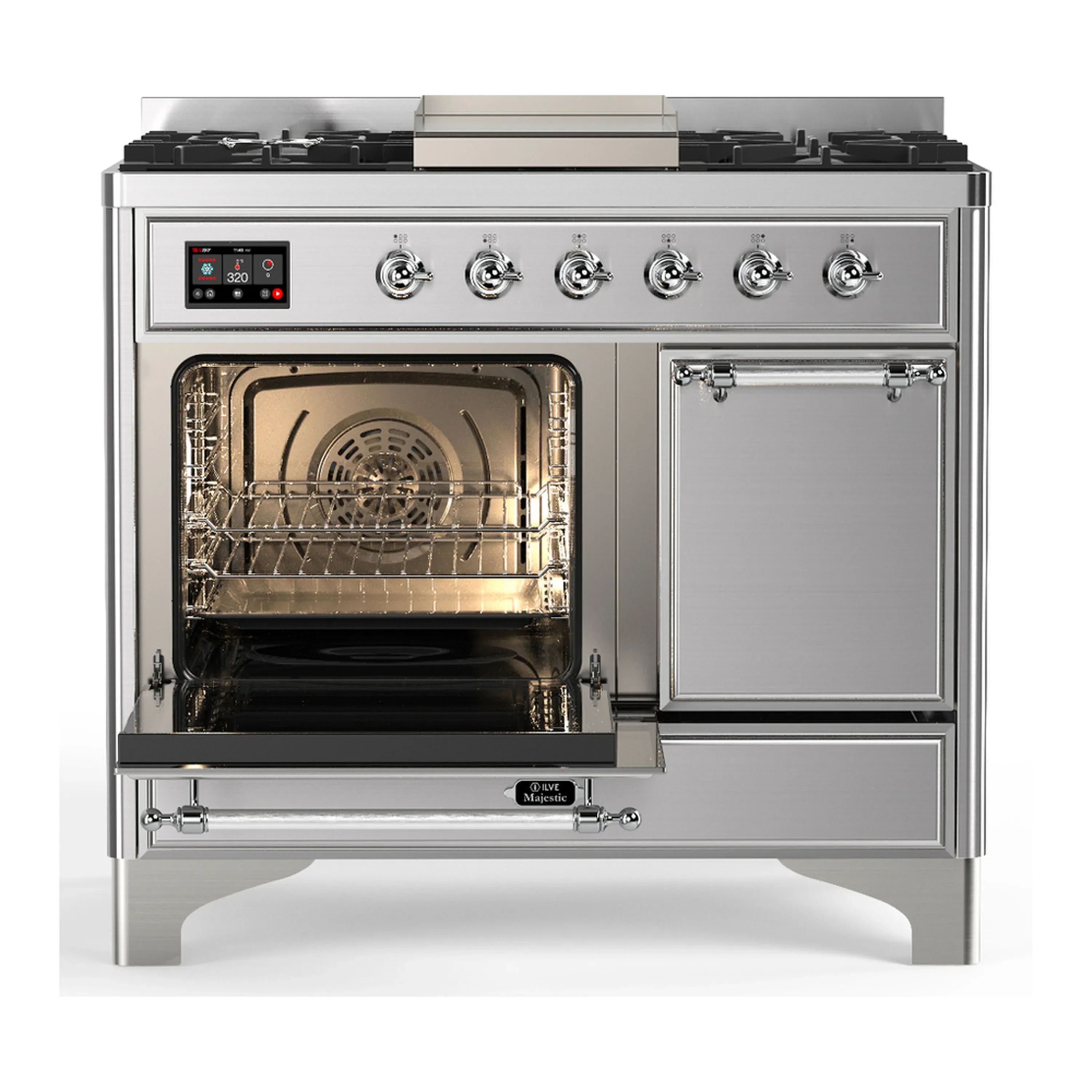 ILVE Majestic III 40-inch Dual Fuel Range with 6 Natural Gas Burner, Griddle and Solid Door Electric Oven in Stainless Steel with Chrome Trim (UMD40FQNR3SSC) - Image 5