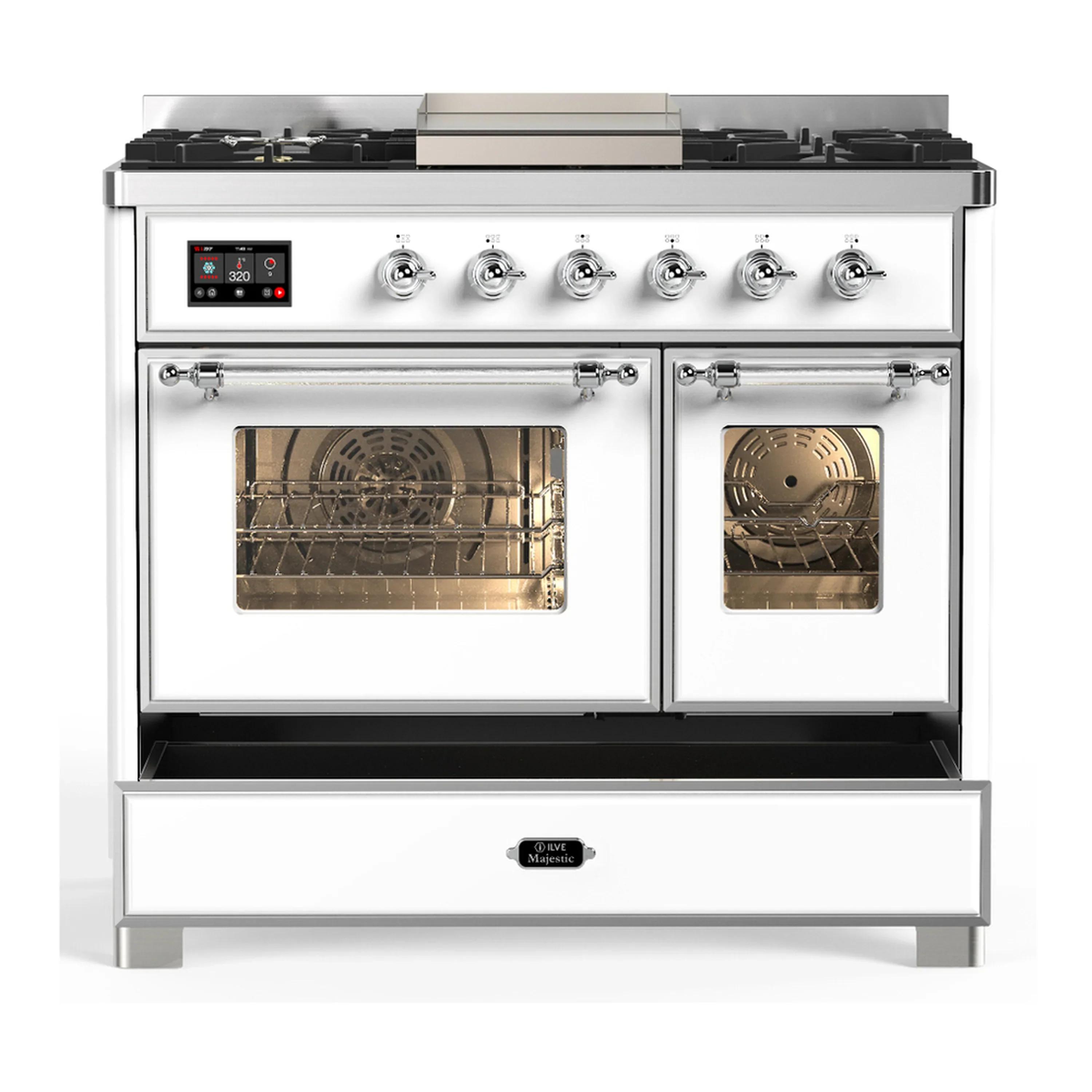 ILVE Majestic III 40-inch Dual Fuel Range with 6 Natural Gas Burner, Griddle and Triple Glass Door Electric Oven in White with Chrome Trim (UMD40FNR3WHC) - Image 3