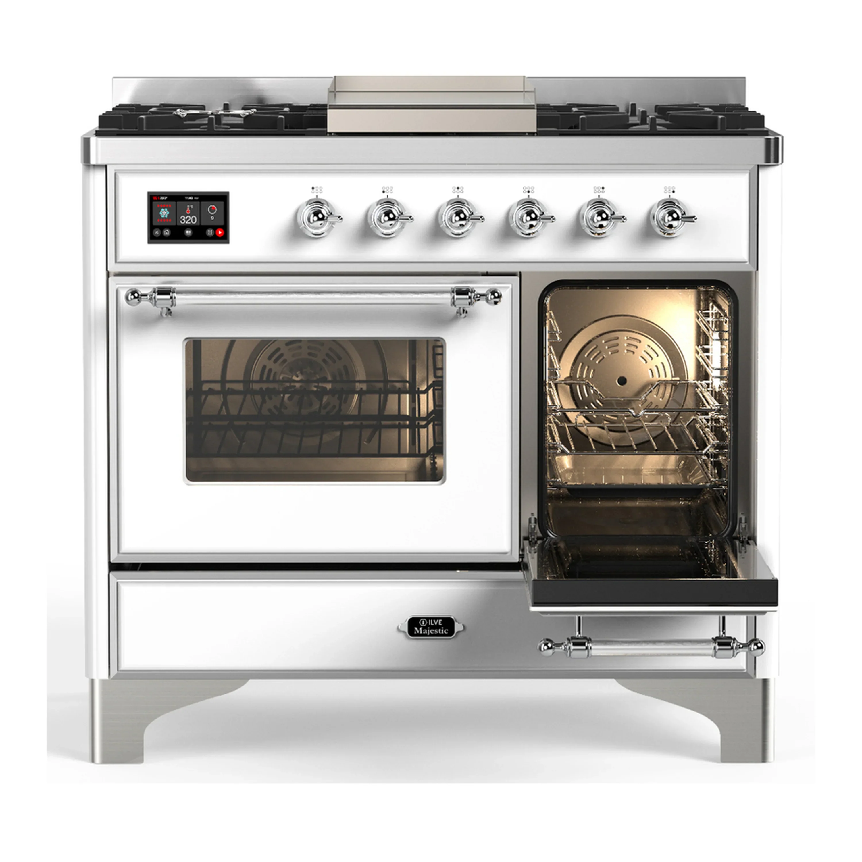 ILVE Majestic III 40-inch Dual Fuel Range with 6 Natural Gas Burner, Griddle and Triple Glass Door Electric Oven in White with Chrome Trim (UMD40FNR3WHC) - Image 4