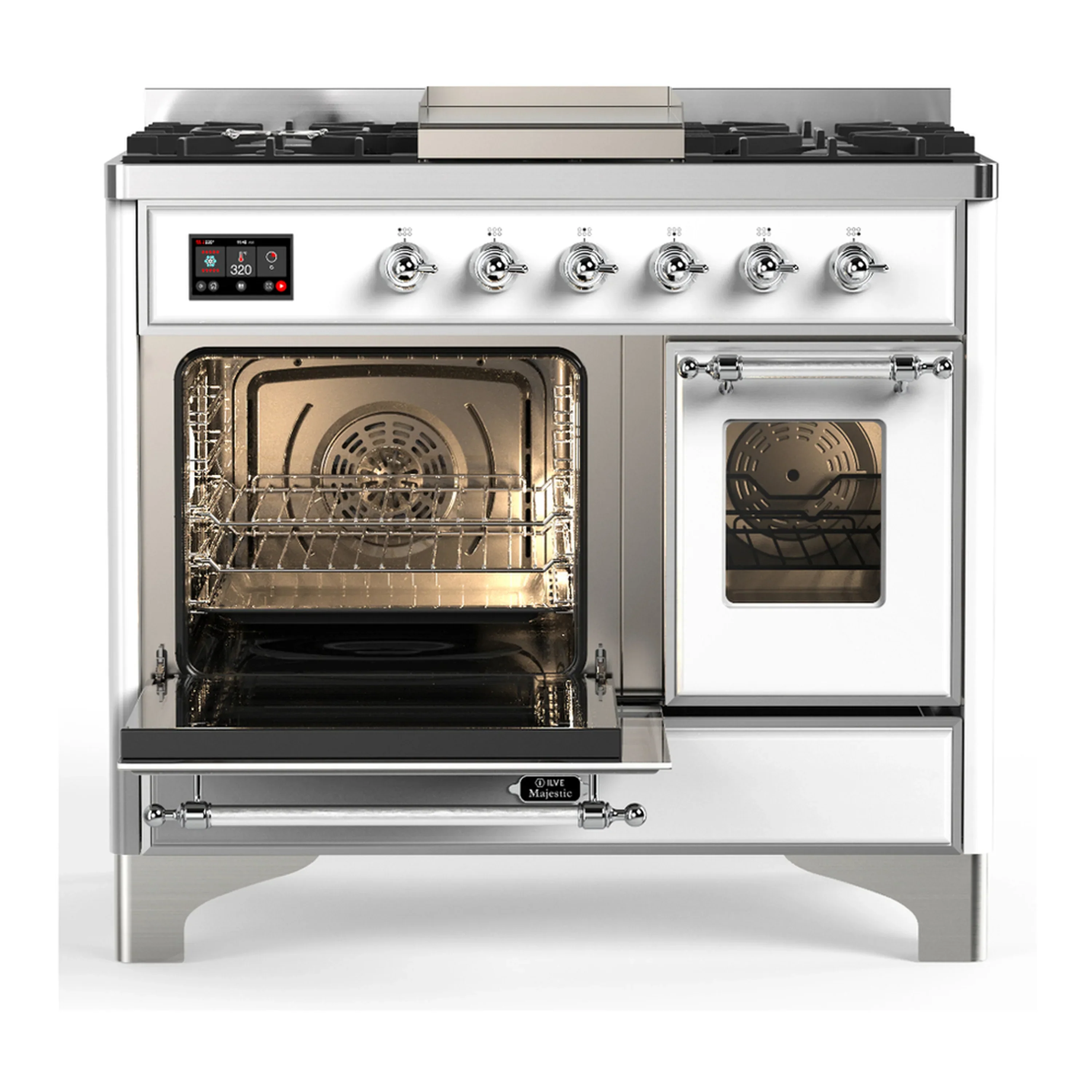 ILVE Majestic III 40-inch Dual Fuel Range with 6 Natural Gas Burner, Griddle and Triple Glass Door Electric Oven in White with Chrome Trim (UMD40FNR3WHC) - Image 5