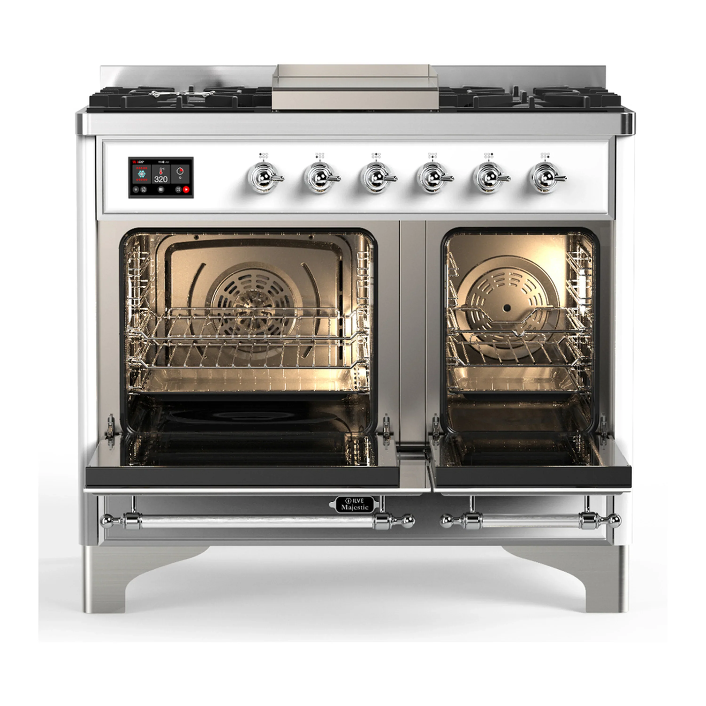 ILVE Majestic III 40-inch Dual Fuel Range with 6 Natural Gas Burner, Griddle and Triple Glass Door Electric Oven in White with Chrome Trim (UMD40FNR3WHC) - Image 6
