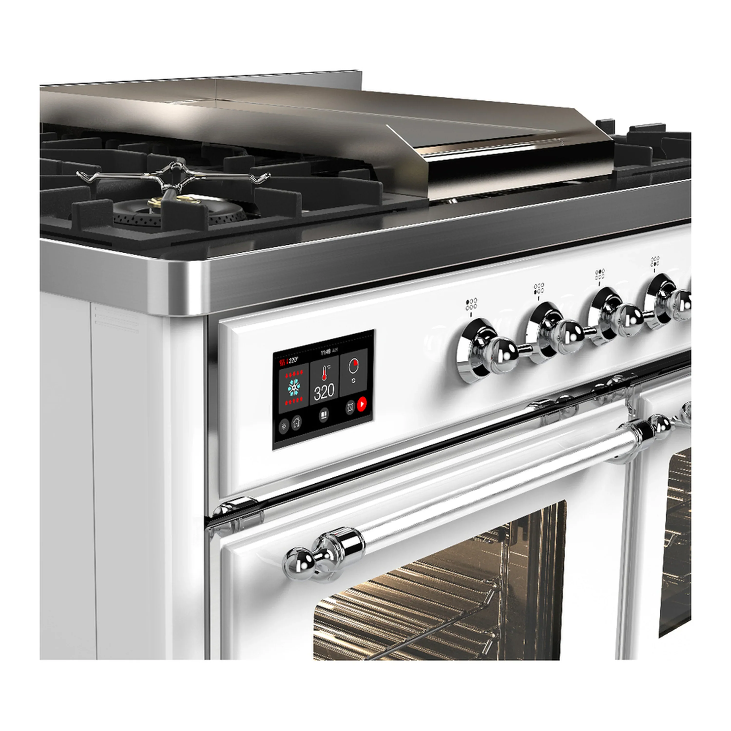ILVE Majestic III 40-inch Dual Fuel Range with 6 Natural Gas Burner, Griddle and Triple Glass Door Electric Oven in White with Chrome Trim (UMD40FNR3WHC) - Image 7