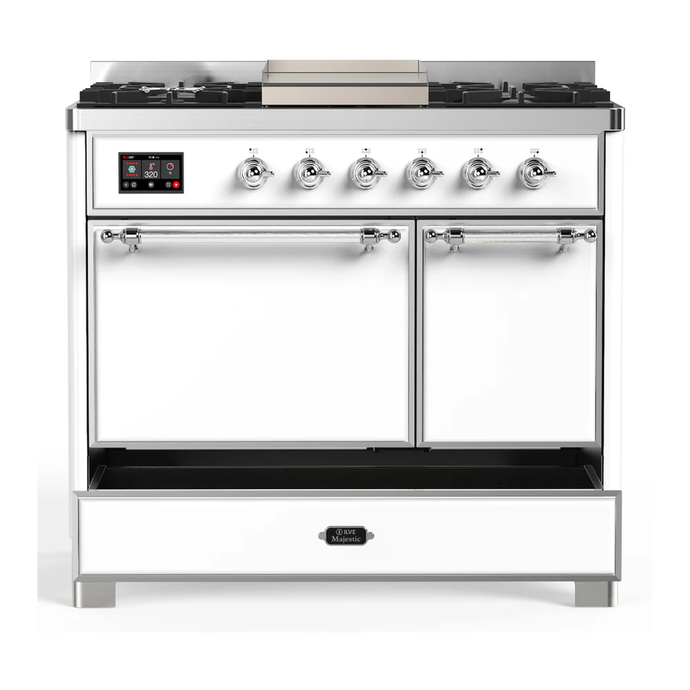 ILVE Majestic III 40-inch Dual Fuel Range with 6 Natural Gas Burner, Griddle and Solid Door Electric Oven in White with Chrome Trim (UMD40FQNR3WHC) - Image 3