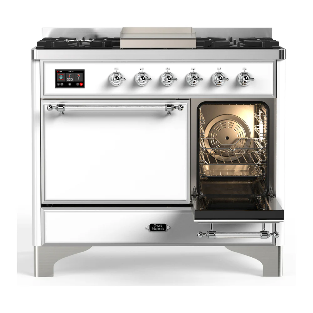 ILVE Majestic III 40-inch Dual Fuel Range with 6 Natural Gas Burner, Griddle and Solid Door Electric Oven in White with Chrome Trim (UMD40FQNR3WHC) - Image 4