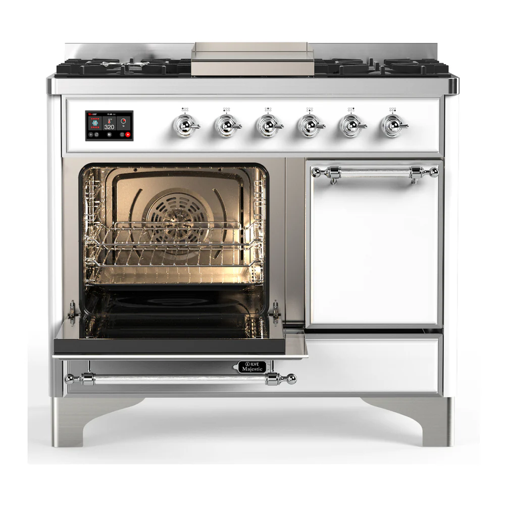 ILVE Majestic III 40-inch Dual Fuel Range with 6 Natural Gas Burner, Griddle and Solid Door Electric Oven in White with Chrome Trim (UMD40FQNR3WHC) - Image 5