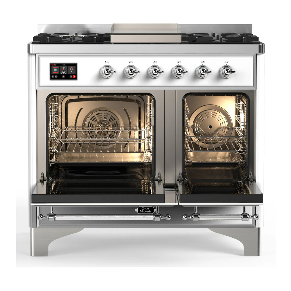 ILVE Majestic III 40-inch Dual Fuel Range with 6 Natural Gas Burner, Griddle and Solid Door Electric Oven in White with Chrome Trim (UMD40FQNR3WHC) - Image 6