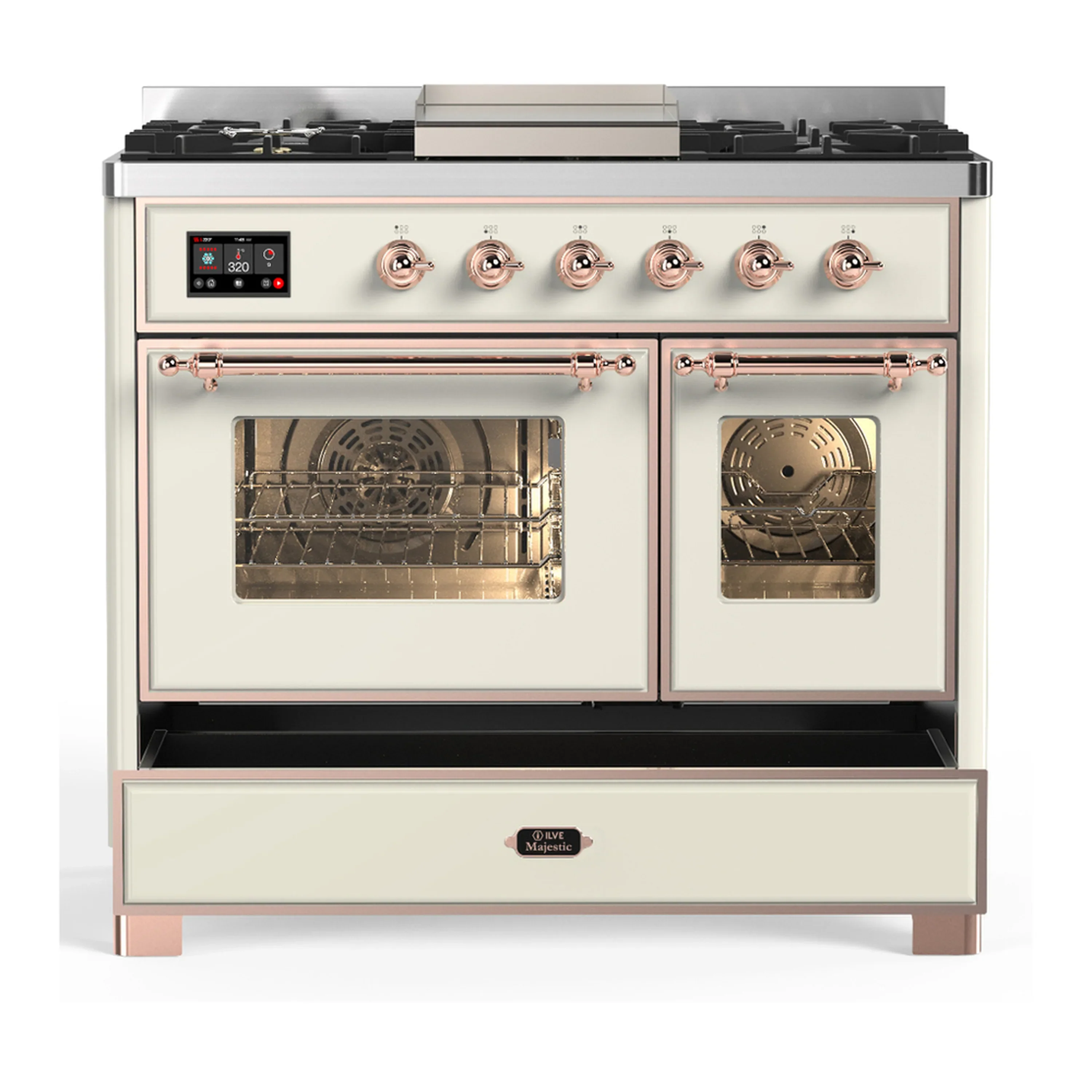 ILVE Majestic III 40-inch Dual Fuel Range with 6 Natural Gas Burner, Griddle and Triple Glass Door Electric Oven in Antique White with Copper Trim (UMD40FNR3AWP) - Image 3