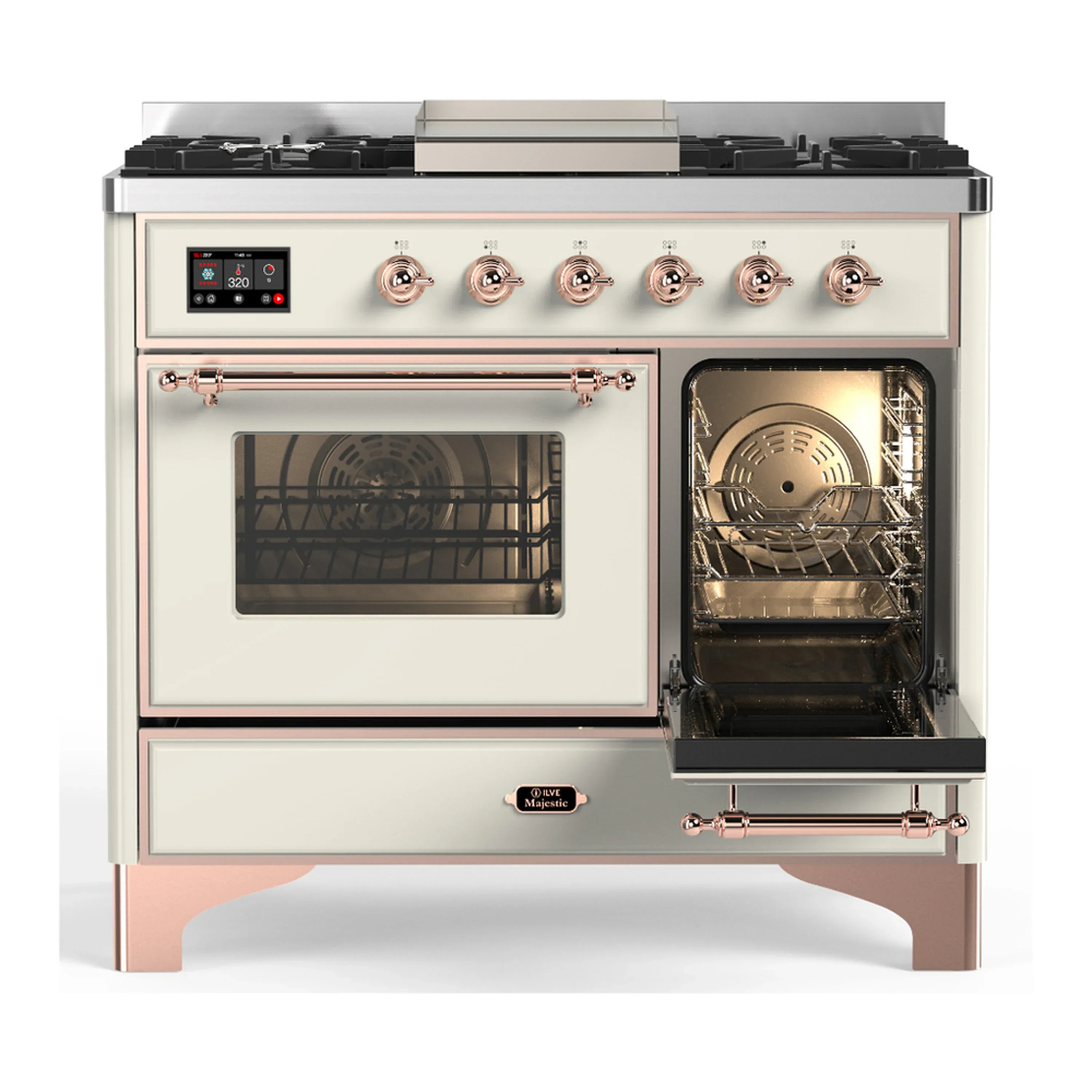 ILVE Majestic III 40-inch Dual Fuel Range with 6 Natural Gas Burner, Griddle and Triple Glass Door Electric Oven in Antique White with Copper Trim (UMD40FNR3AWP) - Image 4