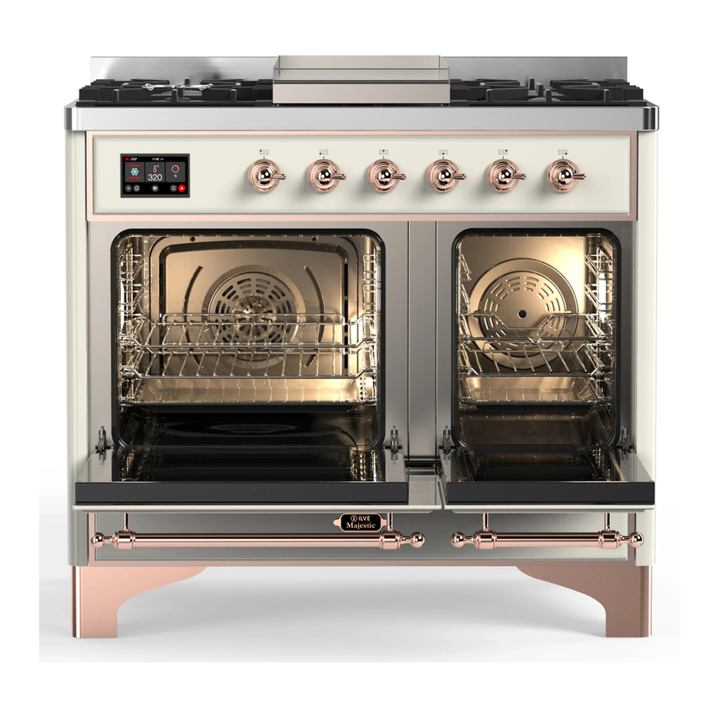 ILVE Majestic III 40-inch Dual Fuel Range with 6 Natural Gas Burner, Griddle and Triple Glass Door Electric Oven in Antique White with Copper Trim (UMD40FNR3AWP) - Image 6