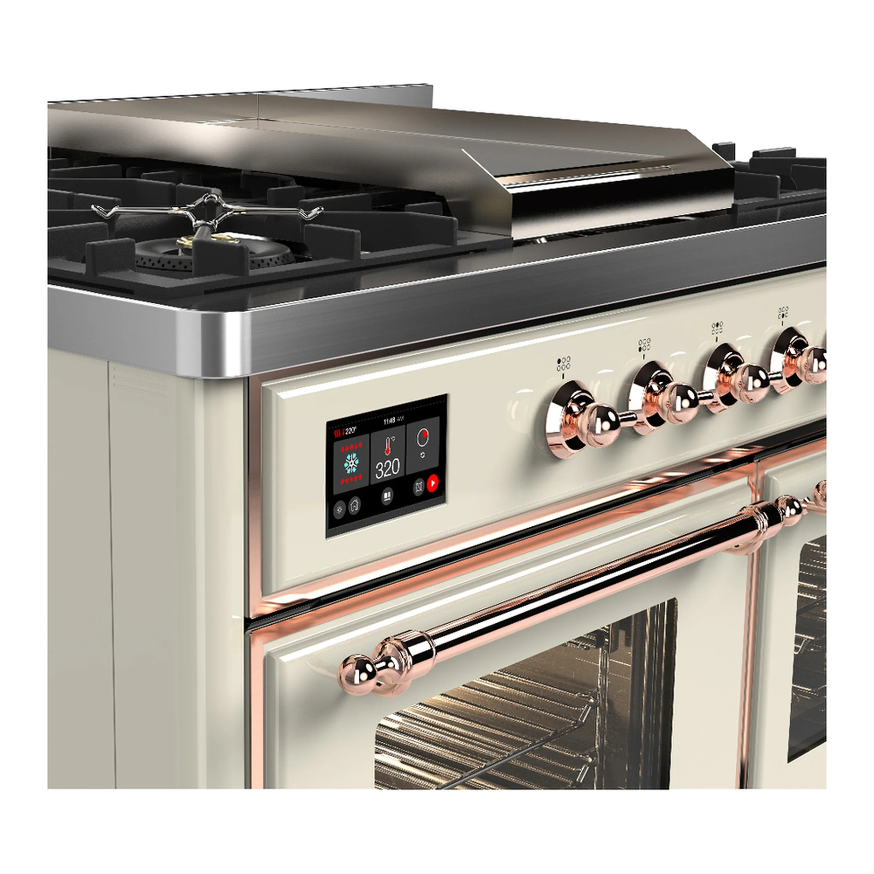 ILVE Majestic III 40-inch Dual Fuel Range with 5 Liquid Propane Burner, Griddle and Triple Glass Door Electric Oven in Antique White with Copper Trim (UMD40FNR3AWPLP) - Image 7