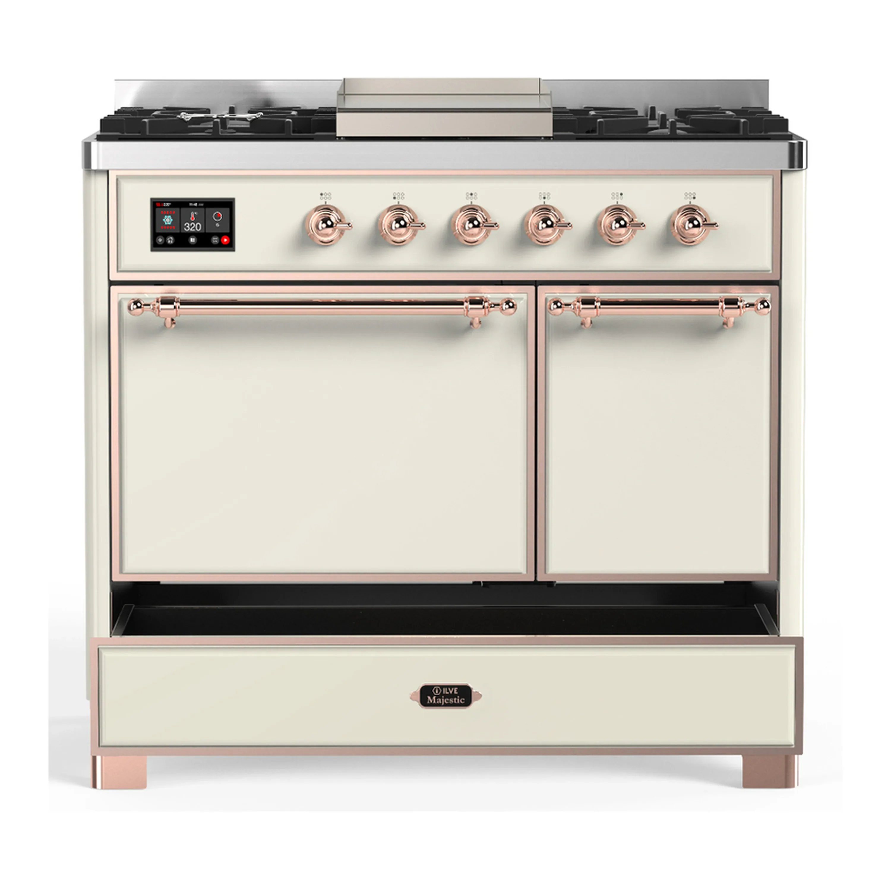 ILVE Majestic III 40-inch Dual Fuel Range with 6 Natural Gas Burner, Griddle and Solid Door Electric Oven in Antique White with Copper Trim (UMD40FQNR3AWP) - Image 3