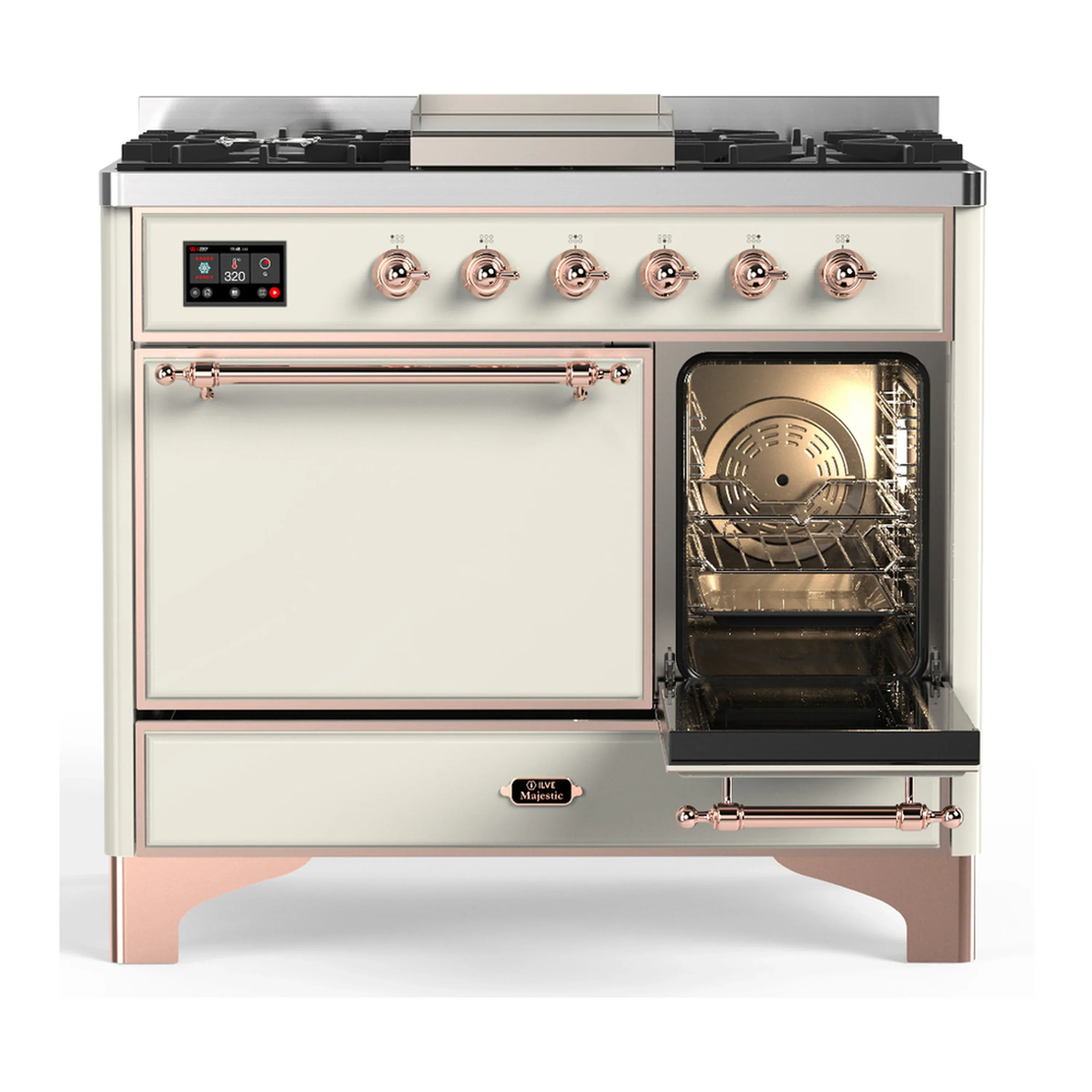 ILVE Majestic III 40-inch Dual Fuel Range with 6 Natural Gas Burner, Griddle and Solid Door Electric Oven in Antique White with Copper Trim (UMD40FQNR3AWP) - Image 4