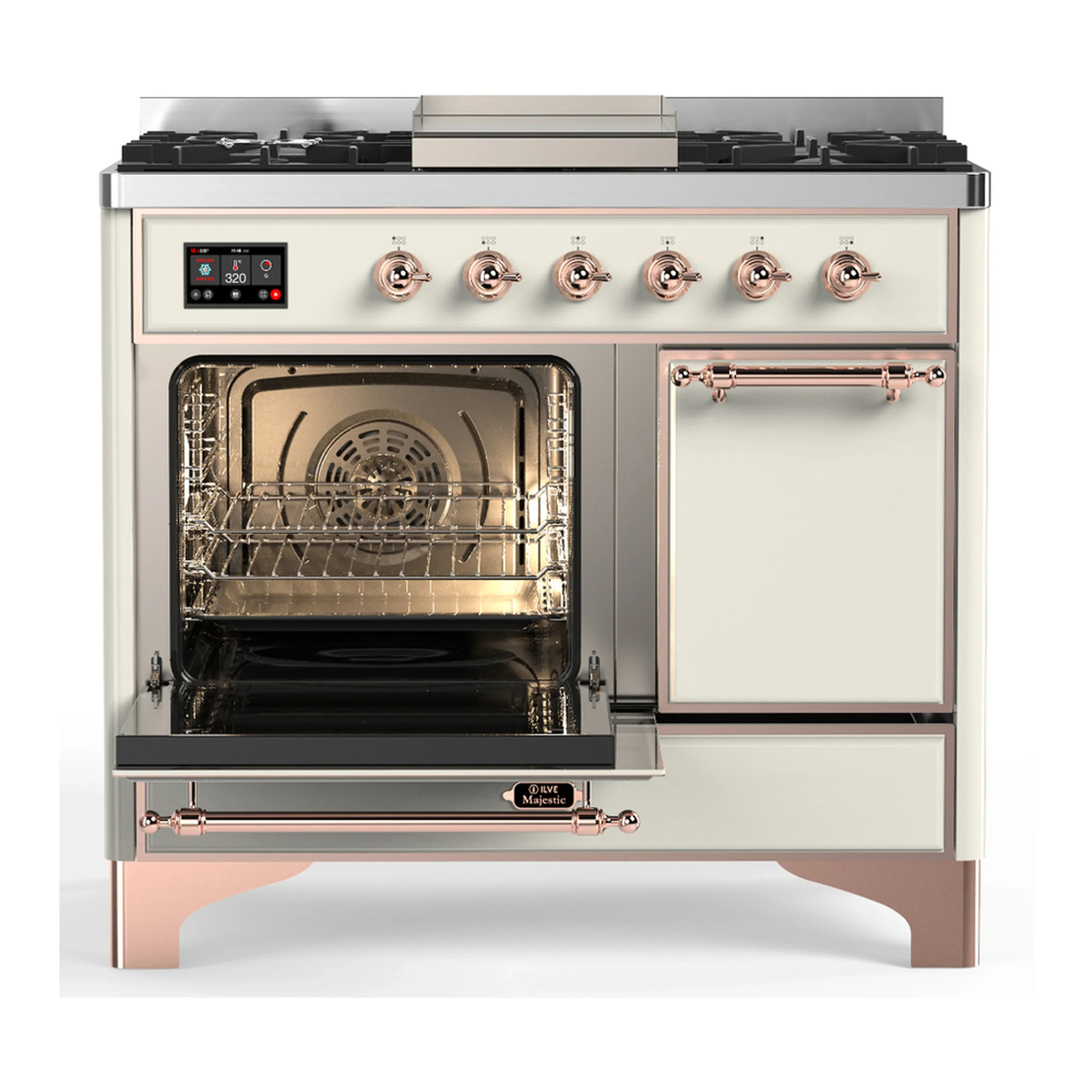 ILVE Majestic III 40-inch Dual Fuel Range with 6 Natural Gas Burner, Griddle and Solid Door Electric Oven in Antique White with Copper Trim (UMD40FQNR3AWP) - Image 5