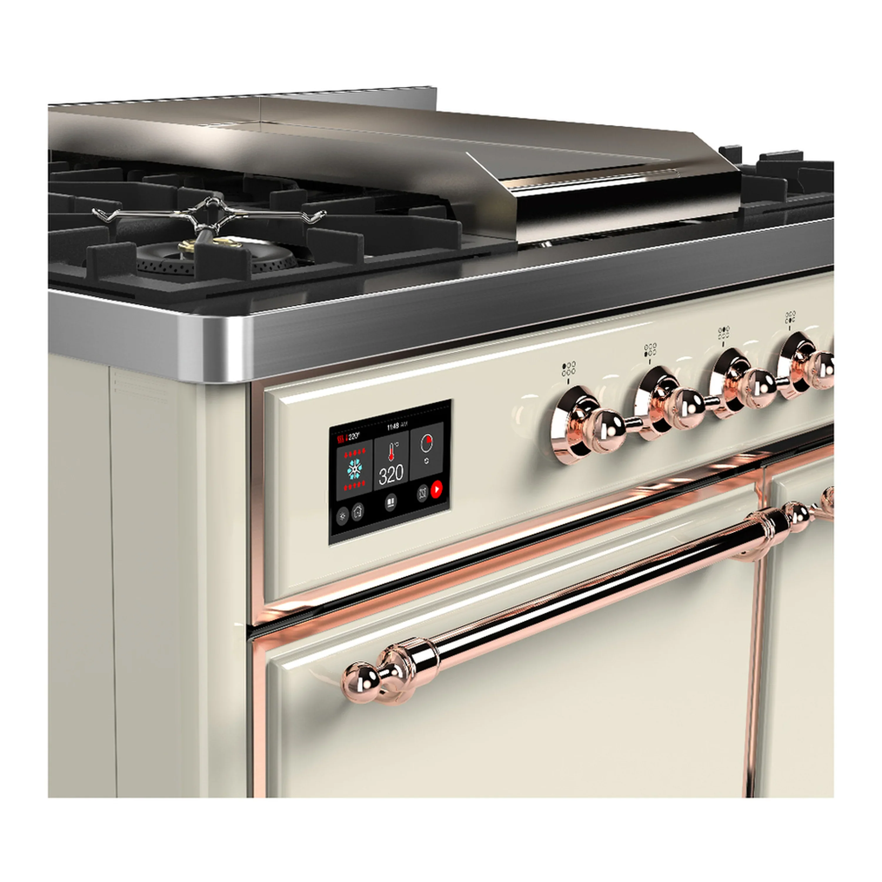 ILVE Majestic III 40-inch Dual Fuel Range with 6 Natural Gas Burner, Griddle and Solid Door Electric Oven in Antique White with Copper Trim (UMD40FQNR3AWP) - Image 7