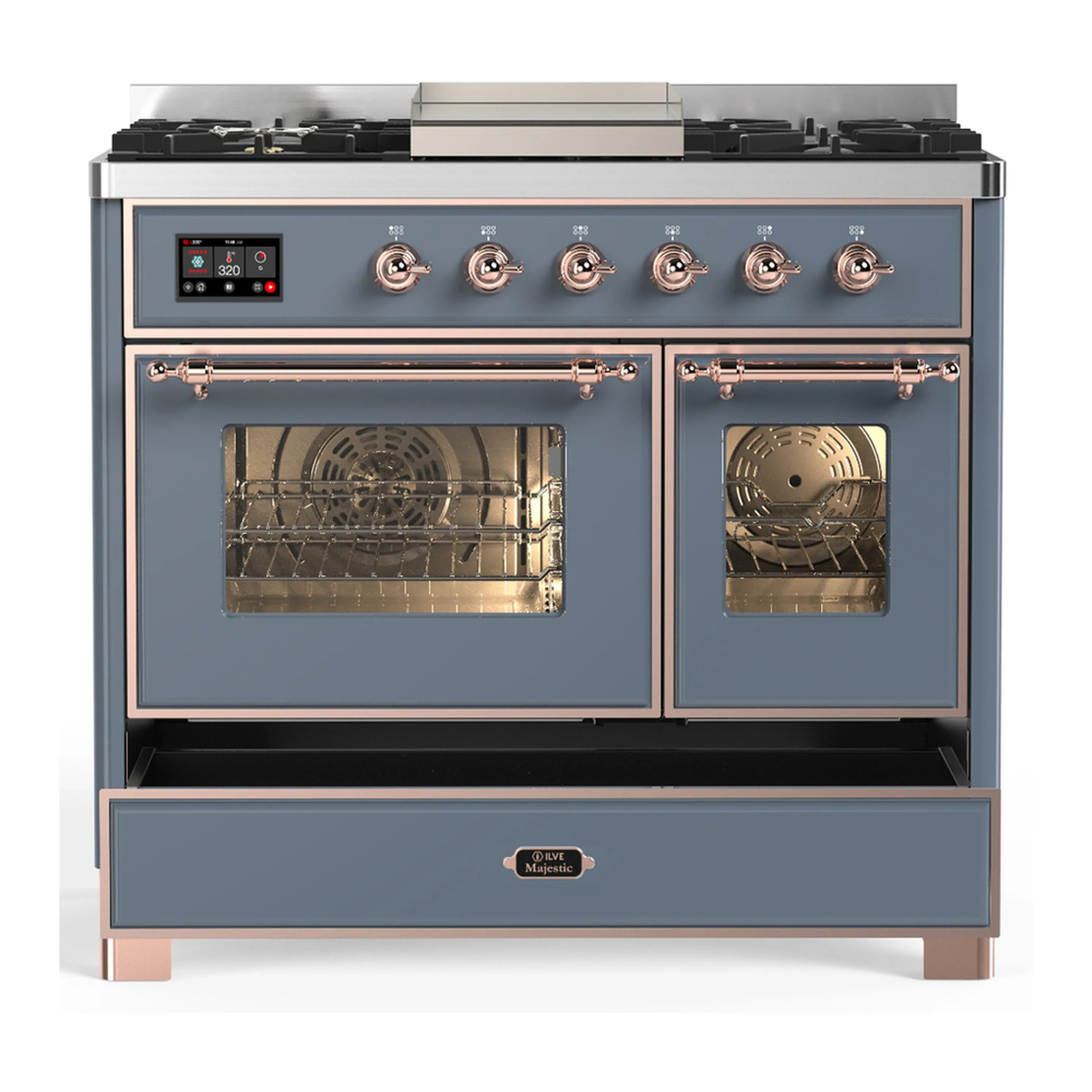ILVE Majestic III 40-inch Dual Fuel Range with 5 Liquid Propane Burner, Griddle and Triple Glass Door Electric Oven in Blue Grey with Copper Trim (UMD40FNR3BGPLP) - Image 3