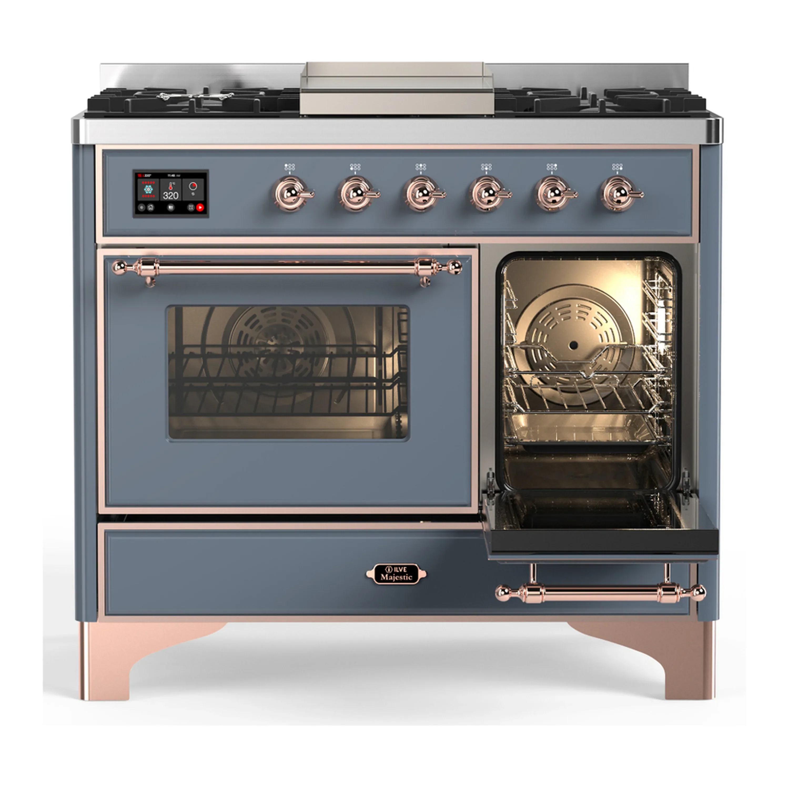 ILVE Majestic III 40-inch Dual Fuel Range with 5 Liquid Propane Burner, Griddle and Triple Glass Door Electric Oven in Blue Grey with Copper Trim (UMD40FNR3BGPLP) - Image 4