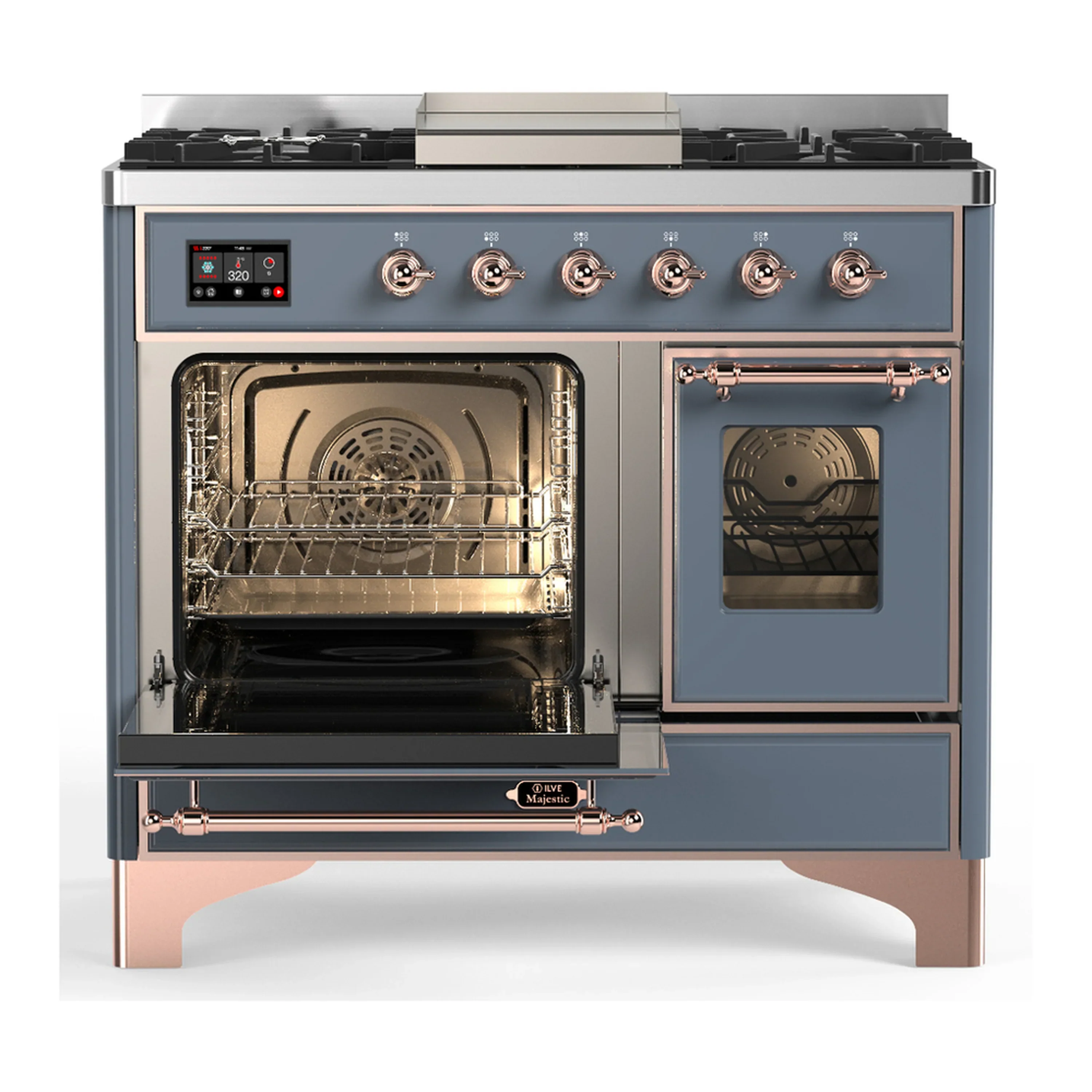 ILVE Majestic III 40-inch Dual Fuel Range with 5 Liquid Propane Burner, Griddle and Triple Glass Door Electric Oven in Blue Grey with Copper Trim (UMD40FNR3BGPLP) - Image 5