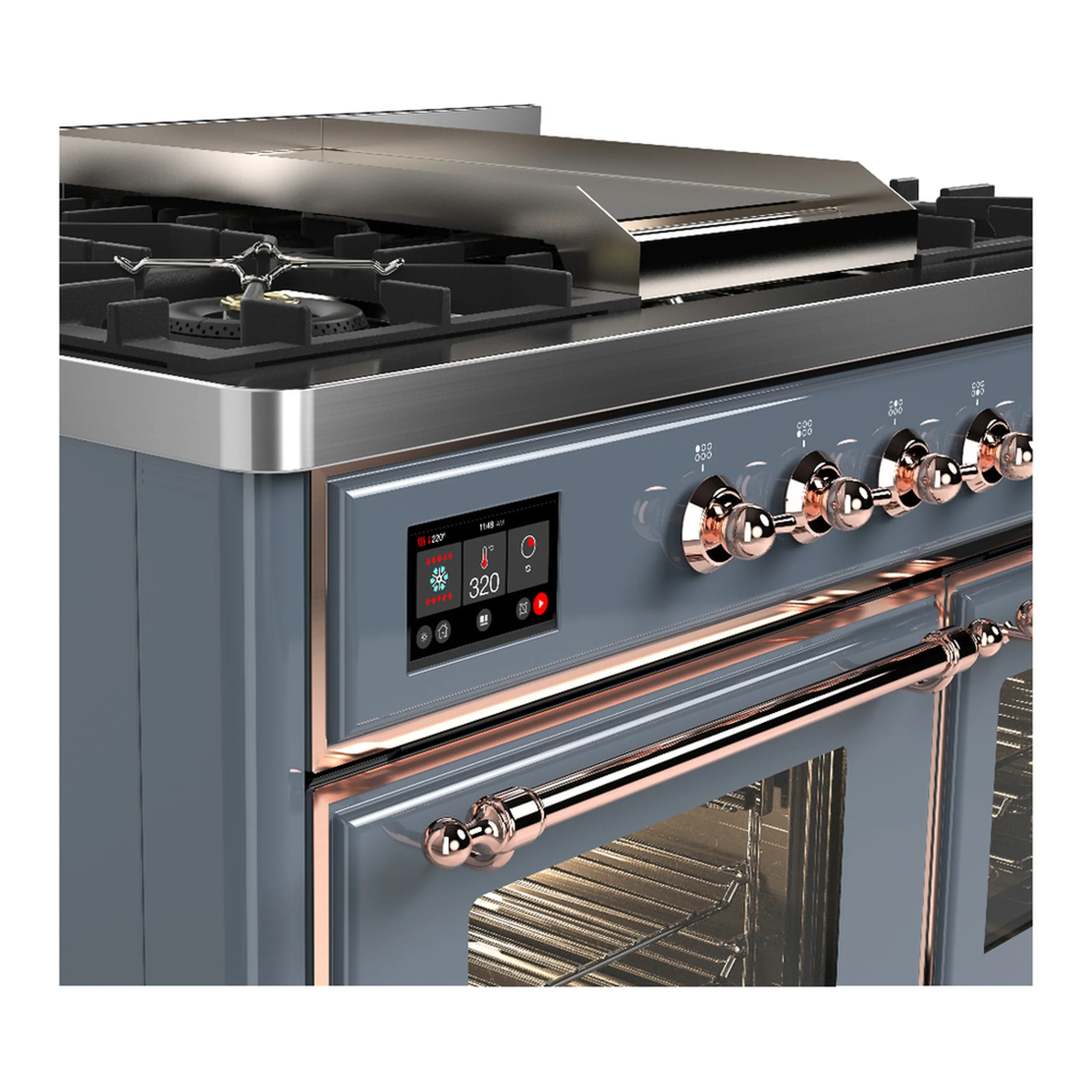 ILVE Majestic III 40-inch Dual Fuel Range with 5 Liquid Propane Burner, Griddle and Triple Glass Door Electric Oven in Blue Grey with Copper Trim (UMD40FNR3BGPLP) - Image 7
