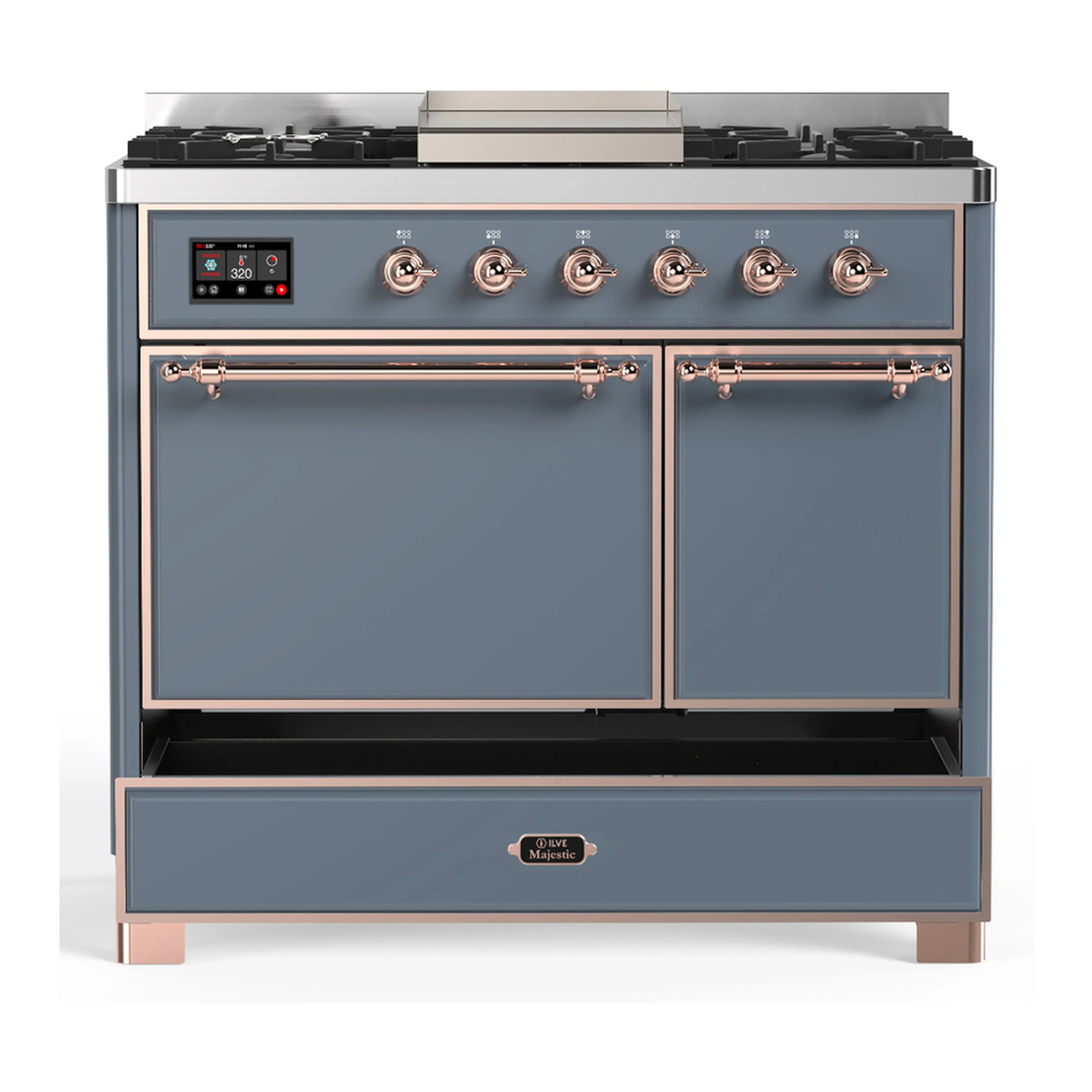 ILVE Majestic III 40-inch Dual Fuel Range with 6 Natural Gas Burner, Griddle and Solid Door Electric Oven in Blue Grey with Copper Trim (UMD40FQNR3BGP) - Image 3