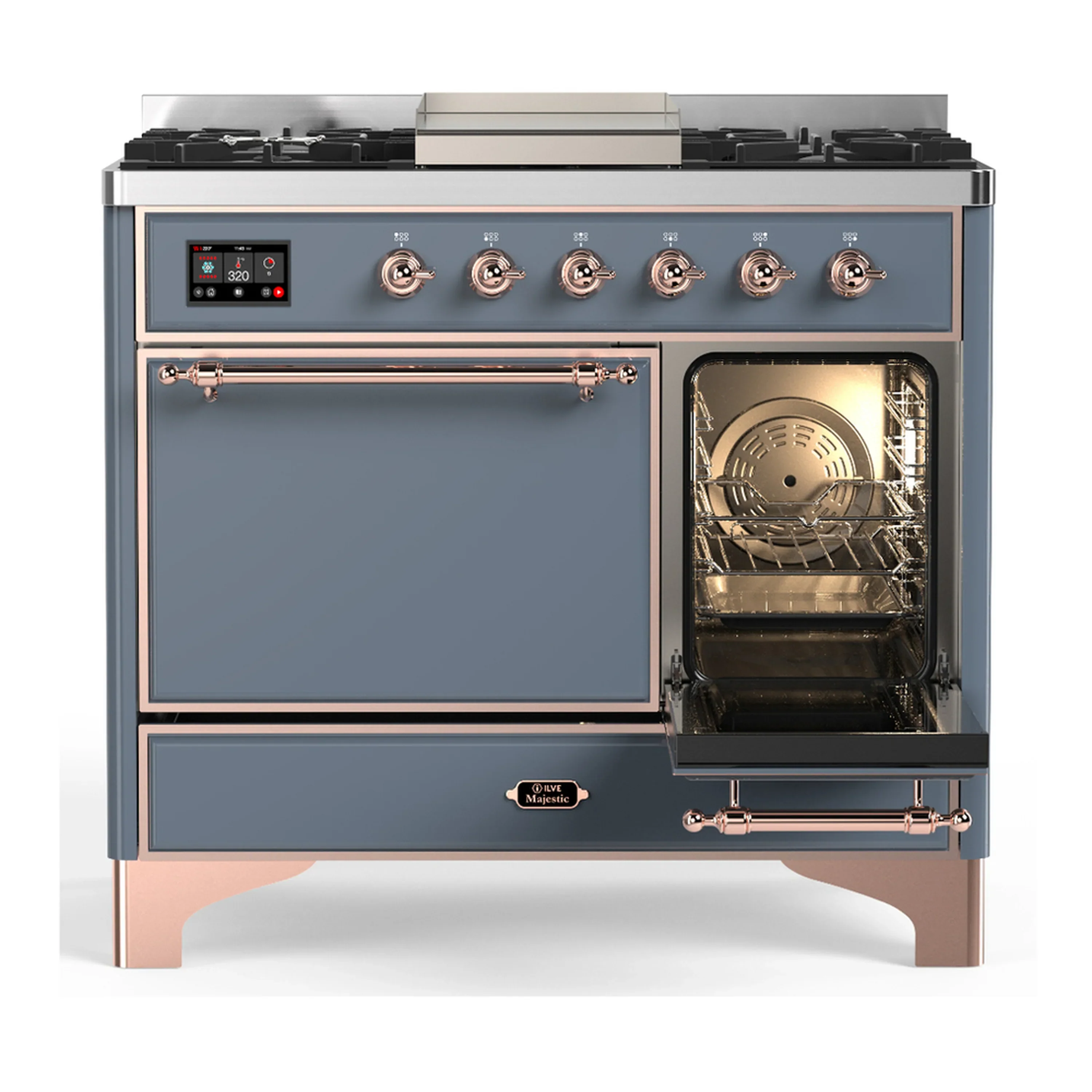 ILVE Majestic III 40-inch Dual Fuel Range with 6 Natural Gas Burner, Griddle and Solid Door Electric Oven in Blue Grey with Copper Trim (UMD40FQNR3BGP) - Image 4
