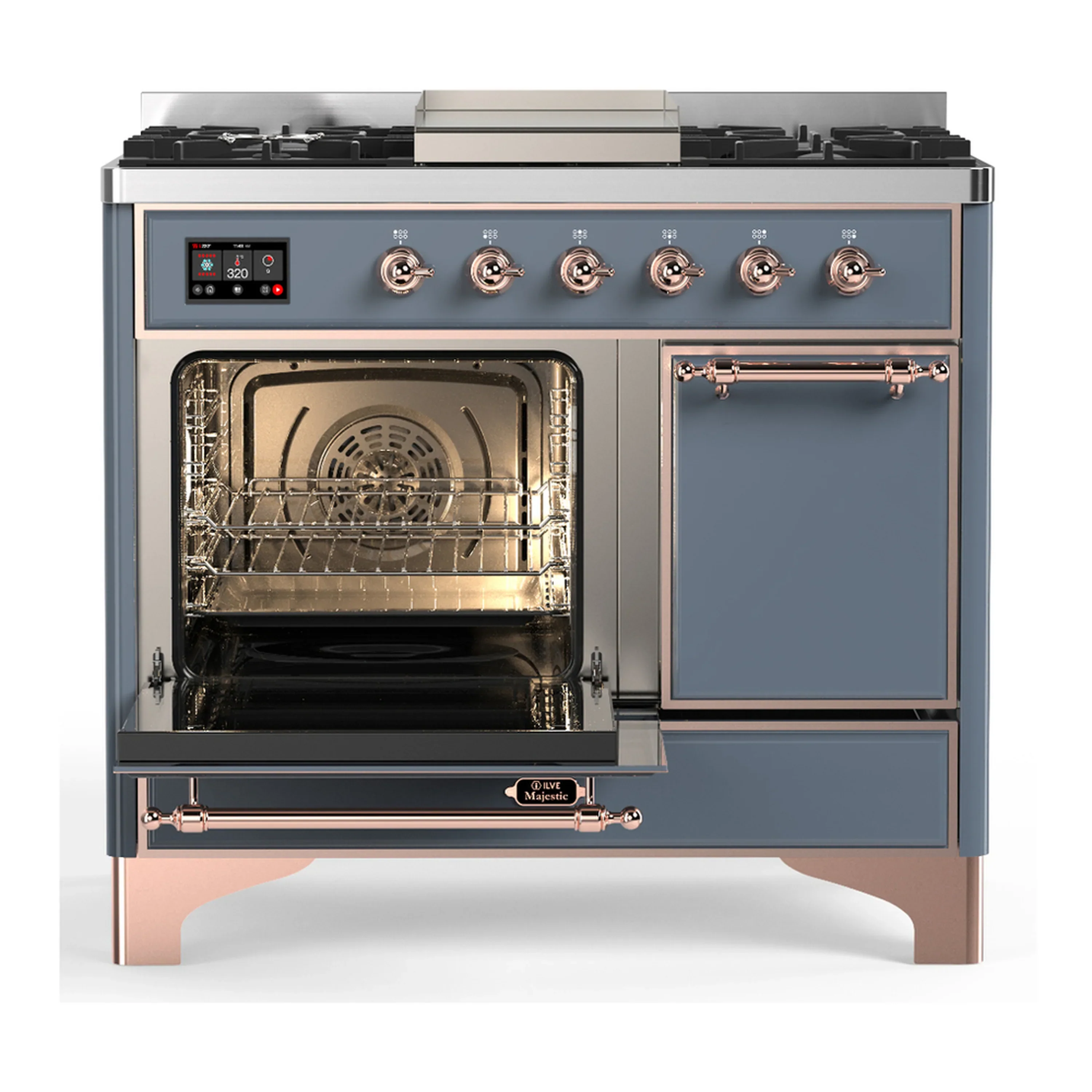 ILVE Majestic III 40-inch Dual Fuel Range with 6 Natural Gas Burner, Griddle and Solid Door Electric Oven in Blue Grey with Copper Trim (UMD40FQNR3BGP) - Image 5