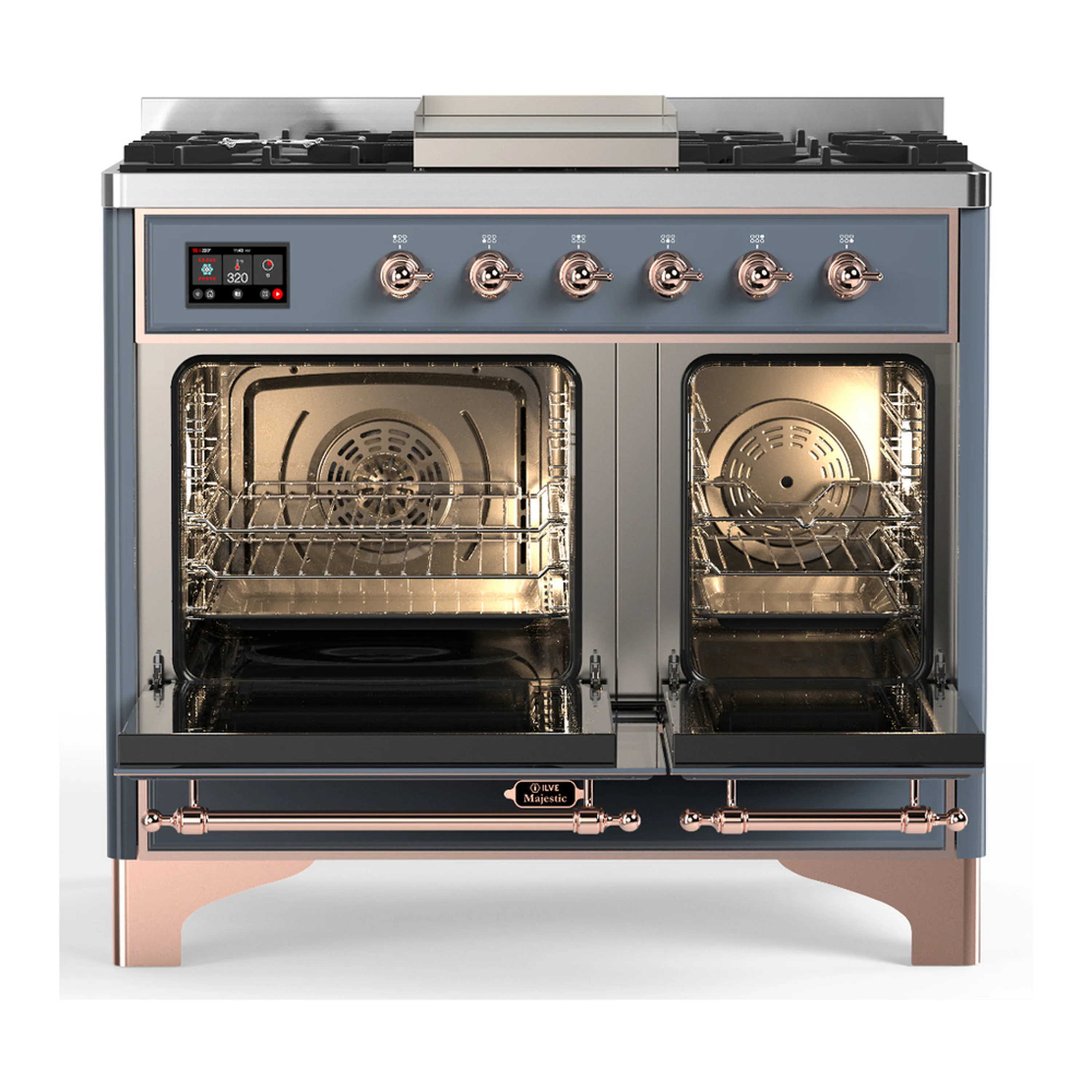 ILVE Majestic III 40-inch Dual Fuel Range with 6 Natural Gas Burner, Griddle and Solid Door Electric Oven in Blue Grey with Copper Trim (UMD40FQNR3BGP) - Image 6