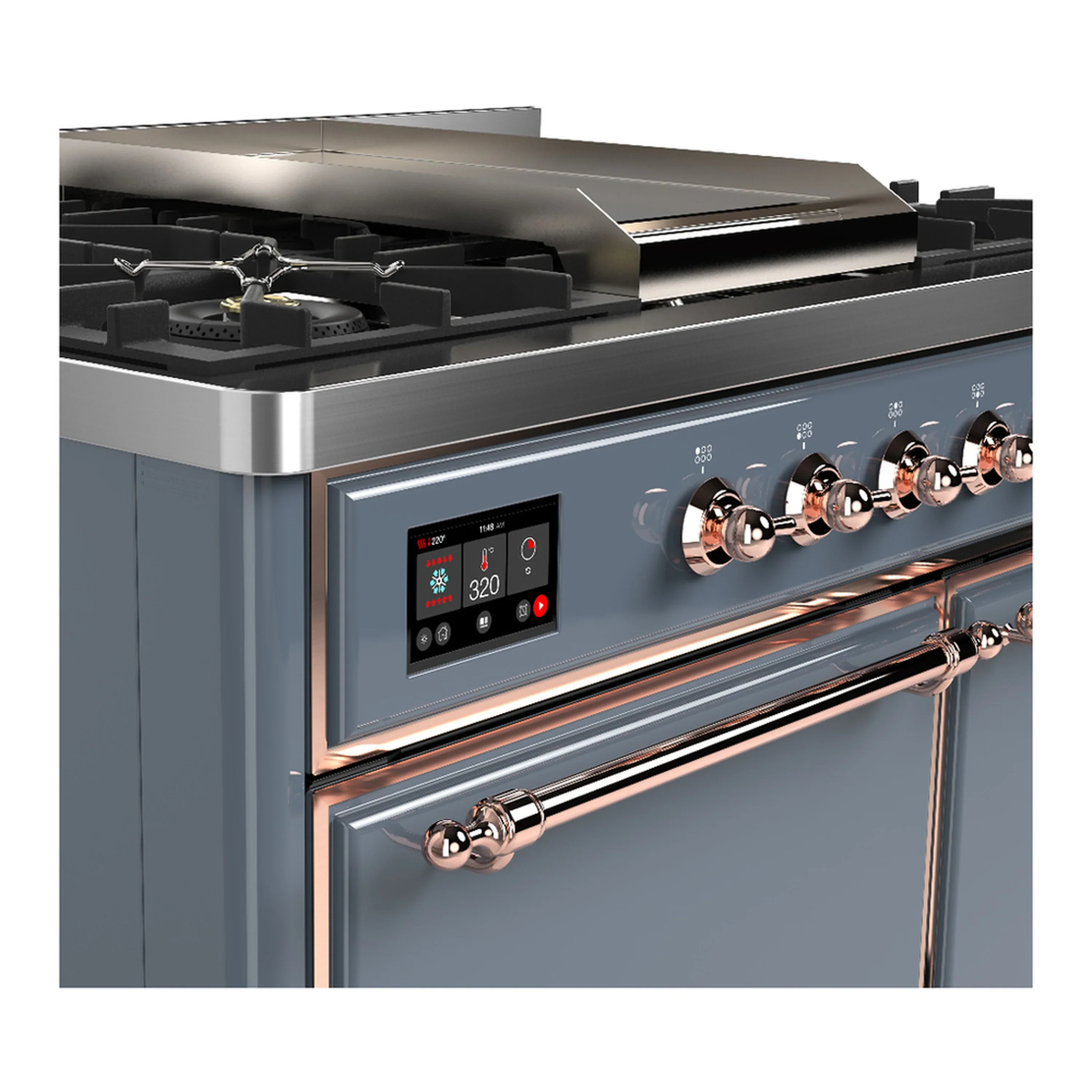 ILVE Majestic III 40-inch Dual Fuel Range with 6 Natural Gas Burner, Griddle and Solid Door Electric Oven in Blue Grey with Copper Trim (UMD40FQNR3BGP) - Image 7