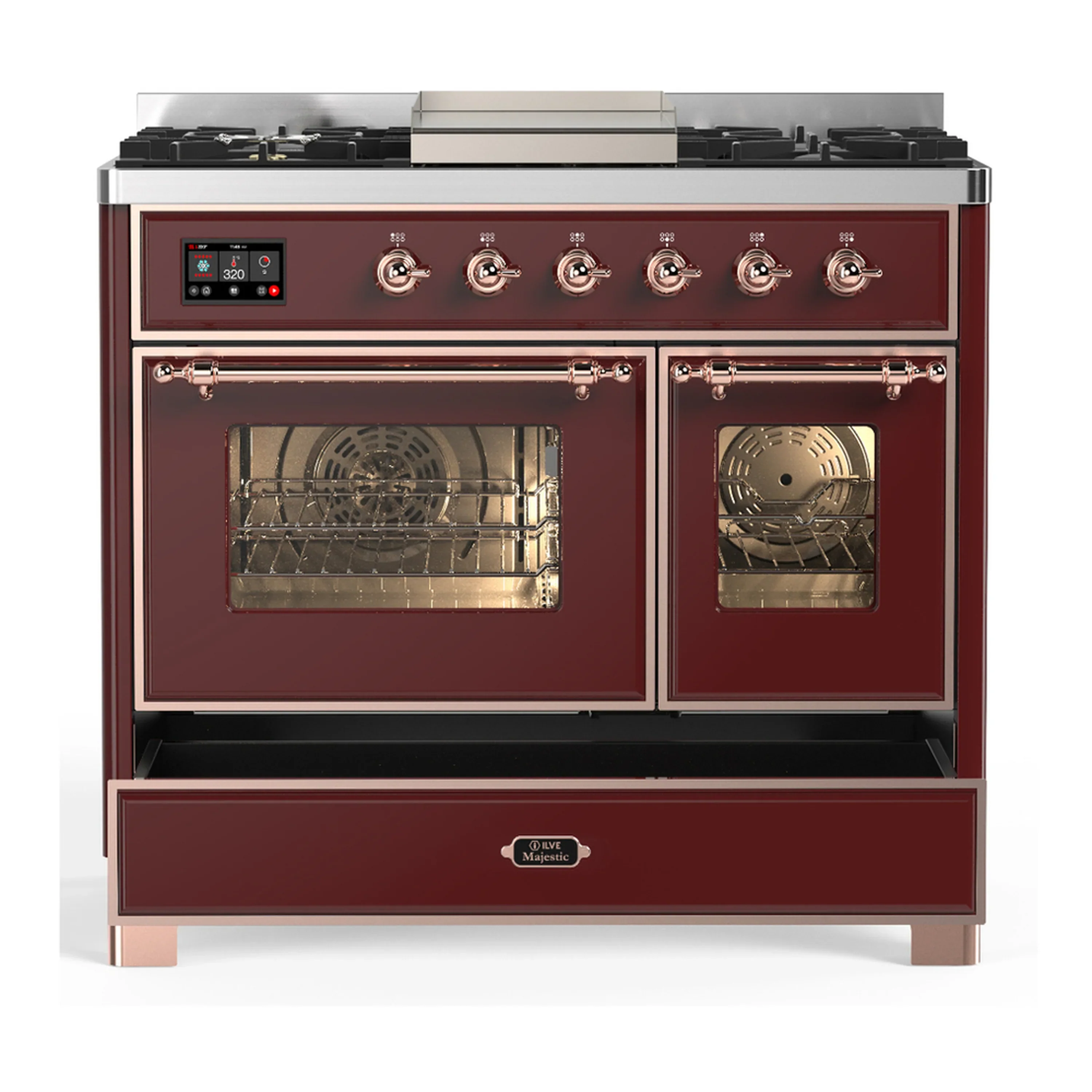 ILVE Majestic III 40-inch Dual Fuel Range with 6 Natural Gas Burner, Griddle and Triple Glass Door Electric Oven in Burgundy with Copper Trim (UMD40FNR3BUP) - Image 3