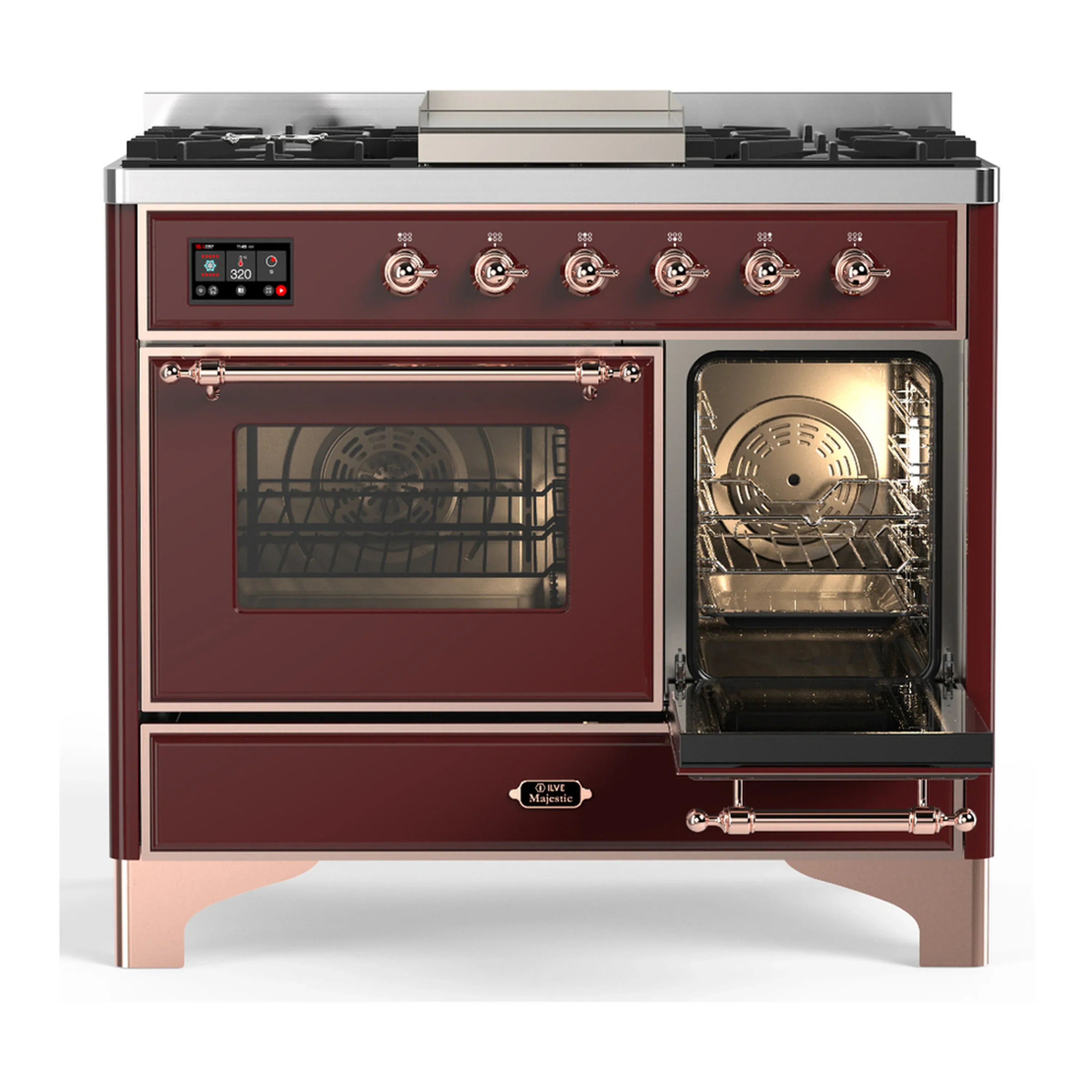 ILVE Majestic III 40-inch Dual Fuel Range with 6 Natural Gas Burner, Griddle and Triple Glass Door Electric Oven in Burgundy with Copper Trim (UMD40FNR3BUP) - Image 4