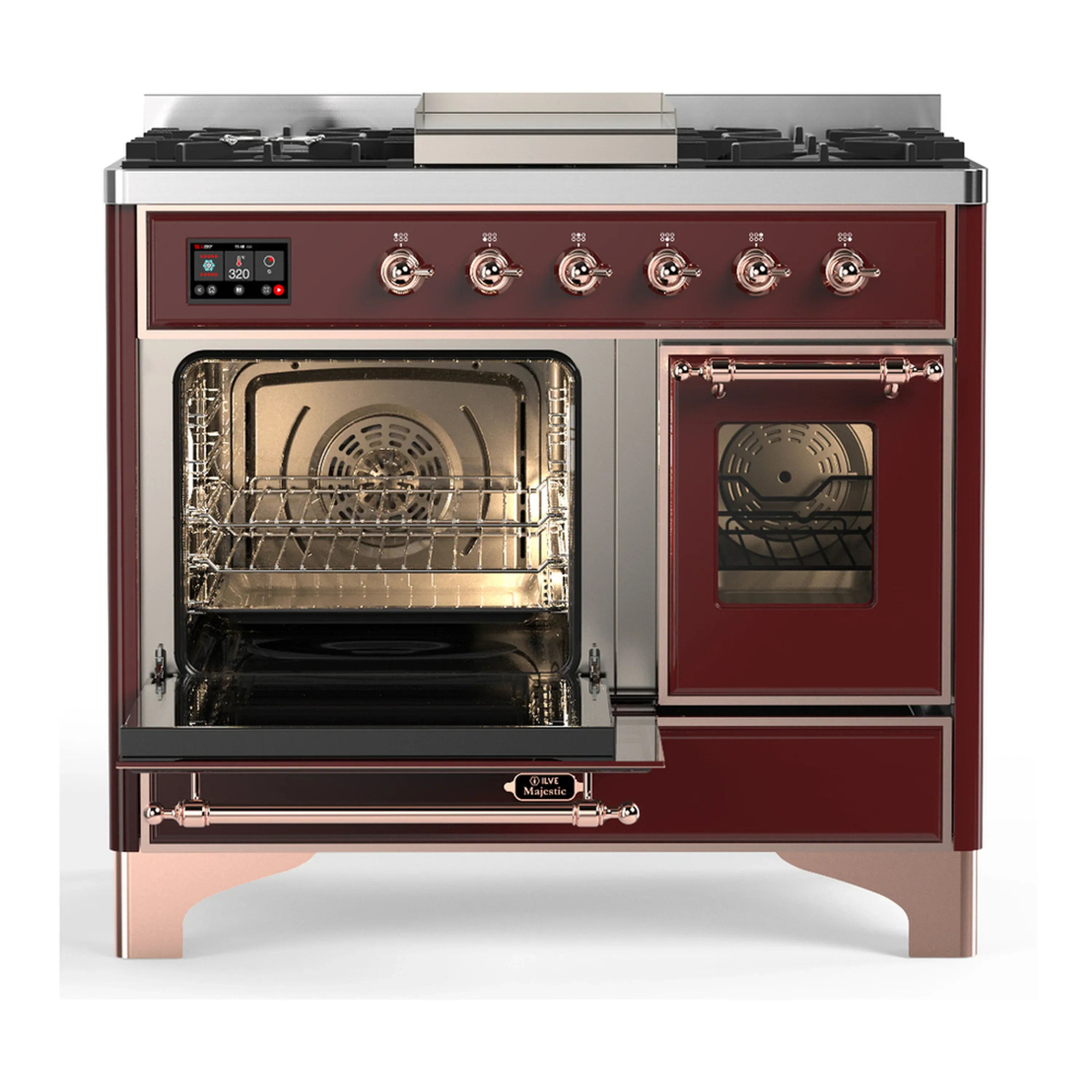 ILVE Majestic III 40-inch Dual Fuel Range with 6 Natural Gas Burner, Griddle and Triple Glass Door Electric Oven in Burgundy with Copper Trim (UMD40FNR3BUP) - Image 5