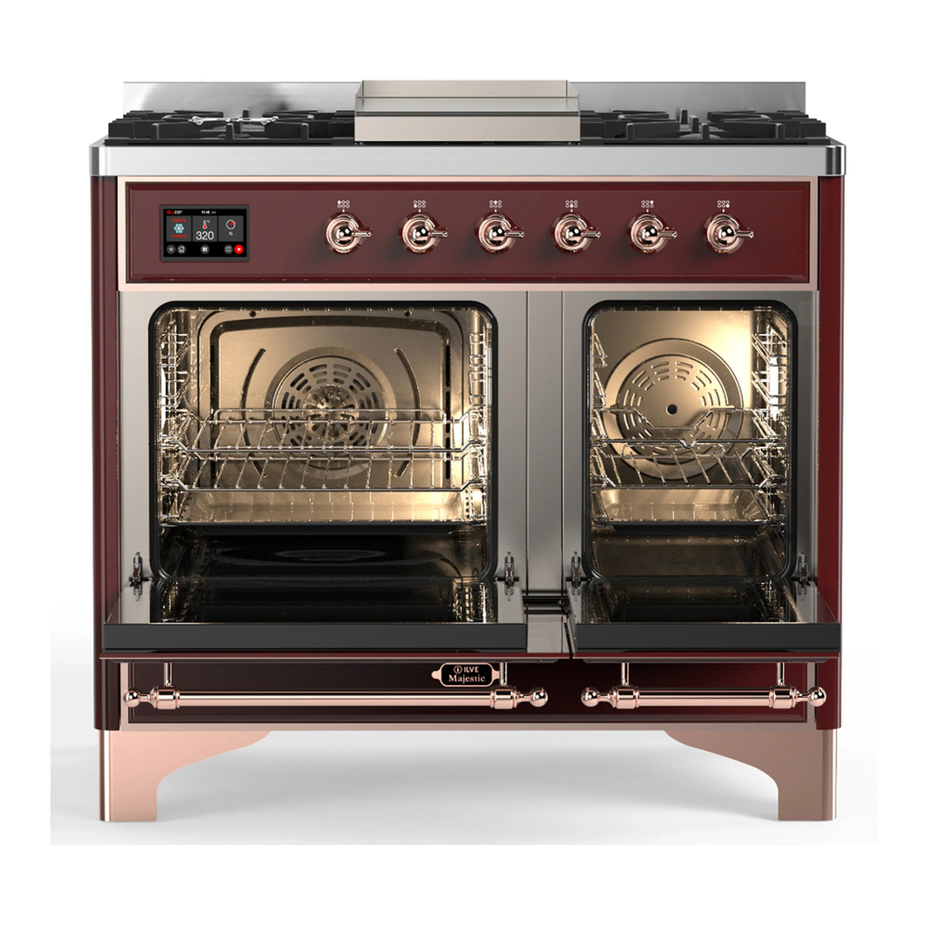 ILVE Majestic III 40-inch Dual Fuel Range with 6 Natural Gas Burner, Griddle and Triple Glass Door Electric Oven in Burgundy with Copper Trim (UMD40FNR3BUP) - Image 6