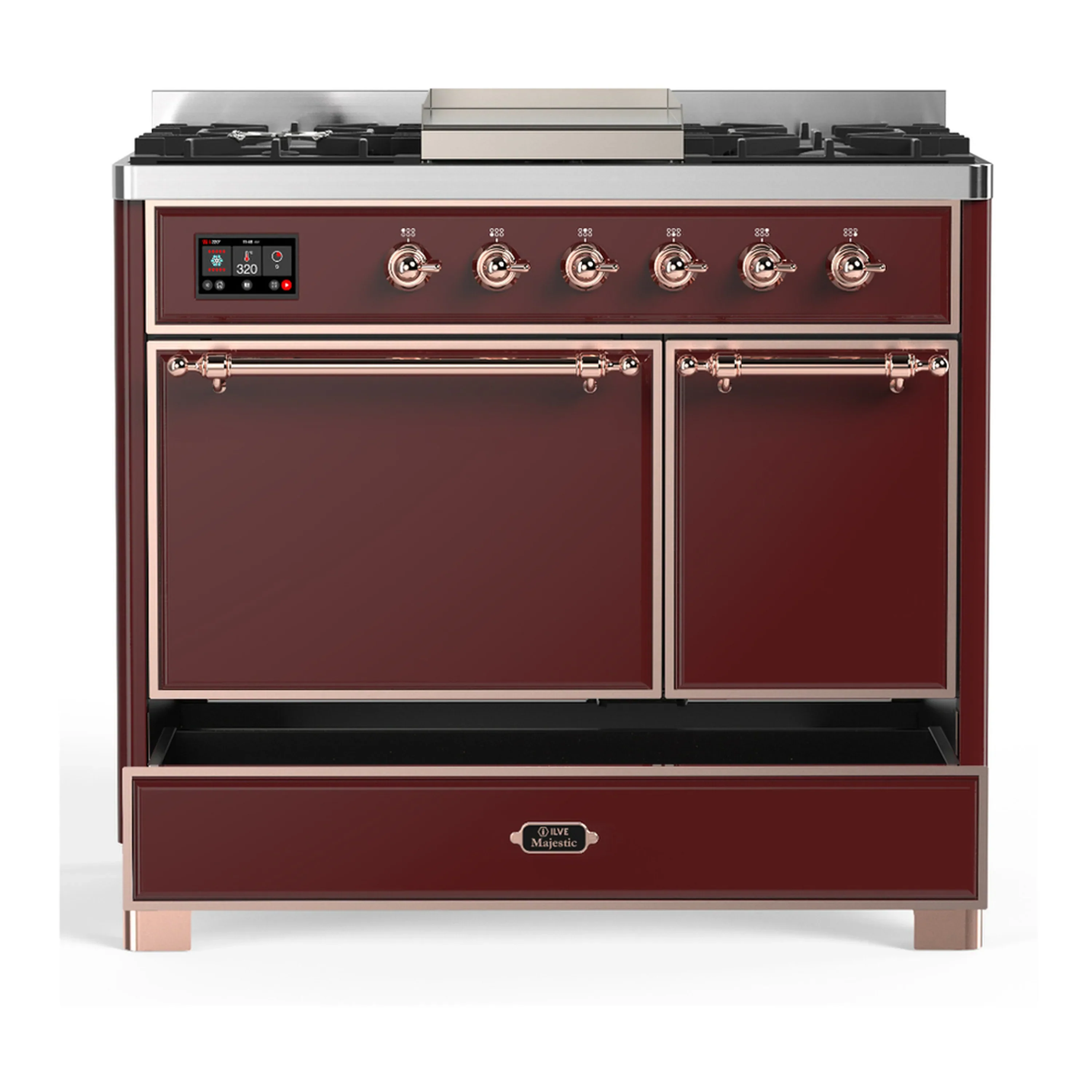 ILVE Majestic III 40-inch Dual Fuel Range with 6 Natural Gas Burner, Griddle and Solid Door Electric Oven in Burgundy with Copper Trim (UMD40FQNR3BUP) - Image 4