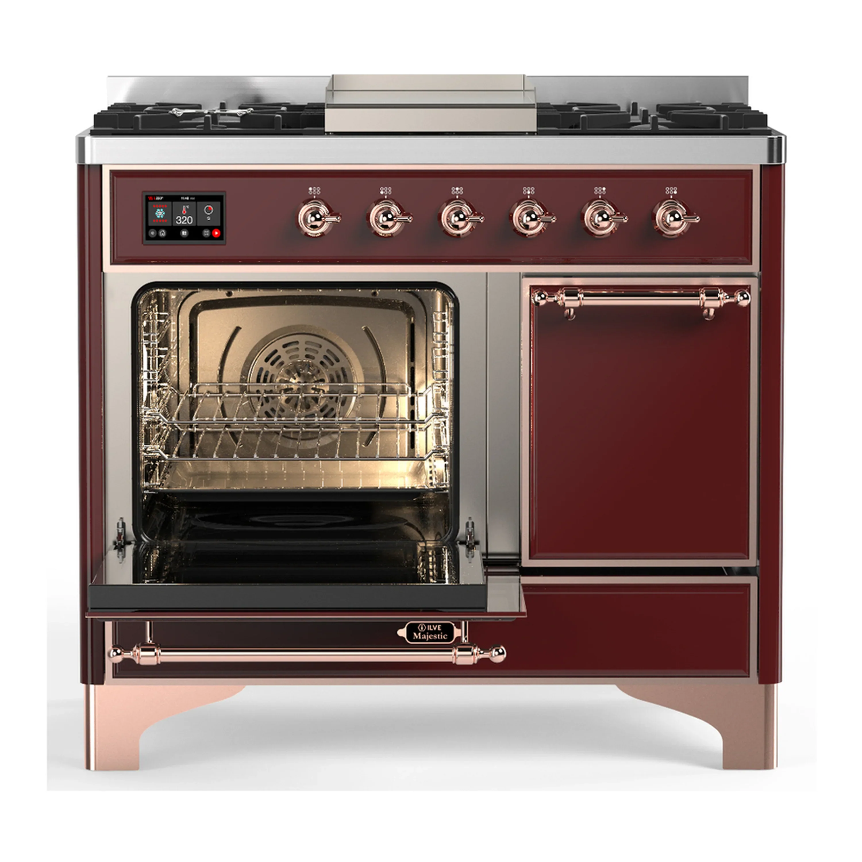 ILVE Majestic III 40-inch Dual Fuel Range with 6 Natural Gas Burner, Griddle and Solid Door Electric Oven in Burgundy with Copper Trim (UMD40FQNR3BUP) - Image 5