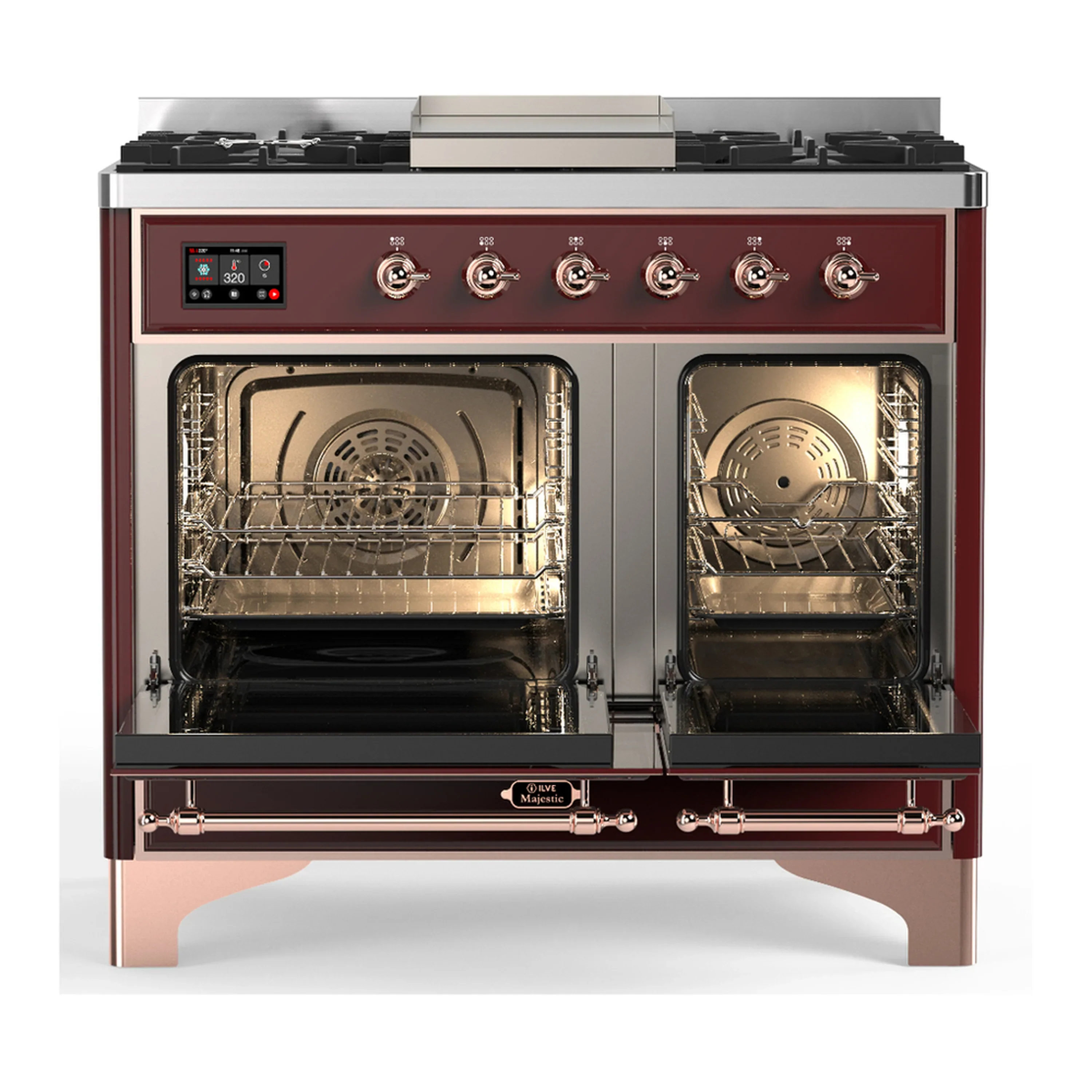 ILVE Majestic III 40-inch Dual Fuel Range with 6 Natural Gas Burner, Griddle and Solid Door Electric Oven in Burgundy with Copper Trim (UMD40FQNR3BUP) - Image 6
