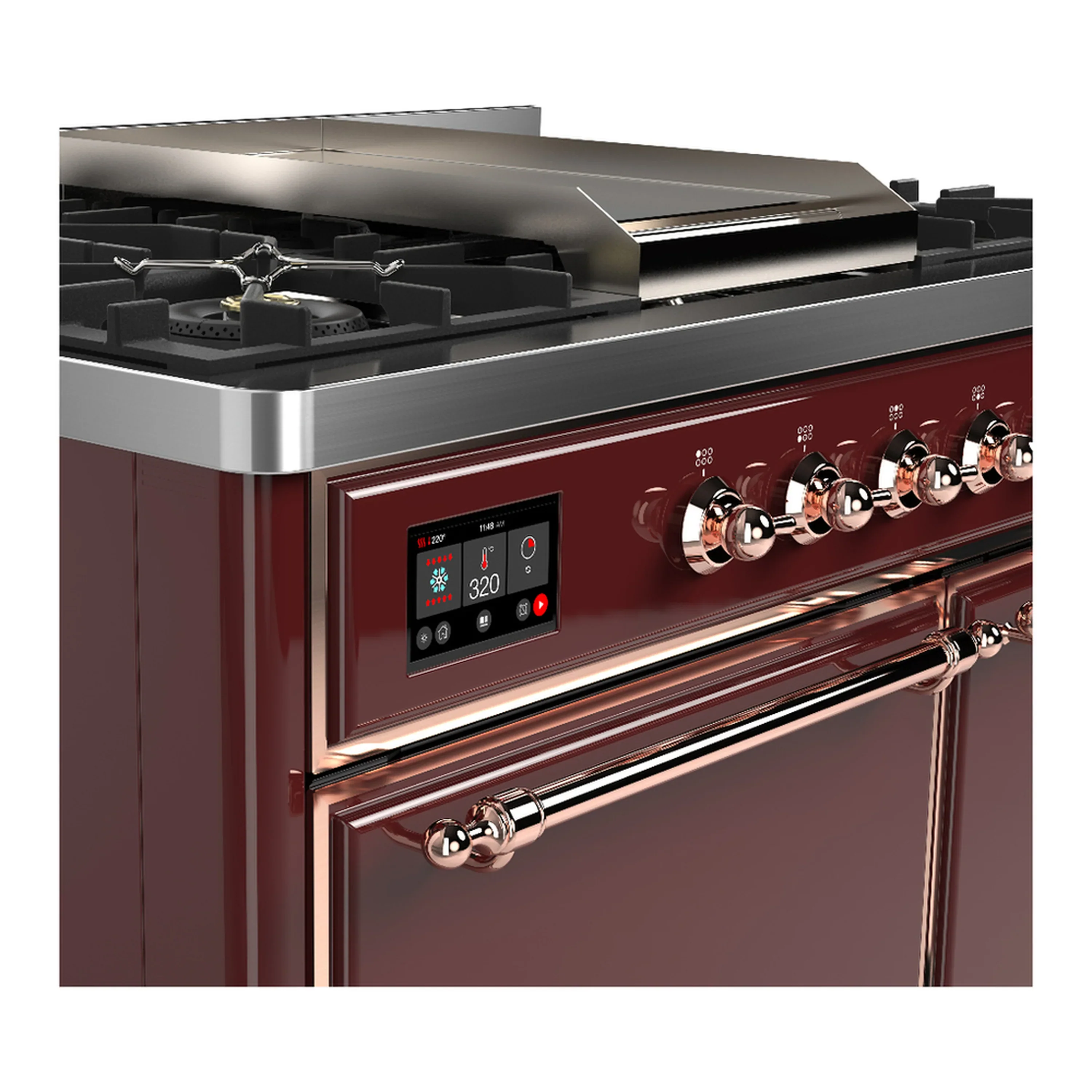 ILVE Majestic III 40-inch Dual Fuel Range with 6 Natural Gas Burner, Griddle and Solid Door Electric Oven in Burgundy with Copper Trim (UMD40FQNR3BUP) - Image 7