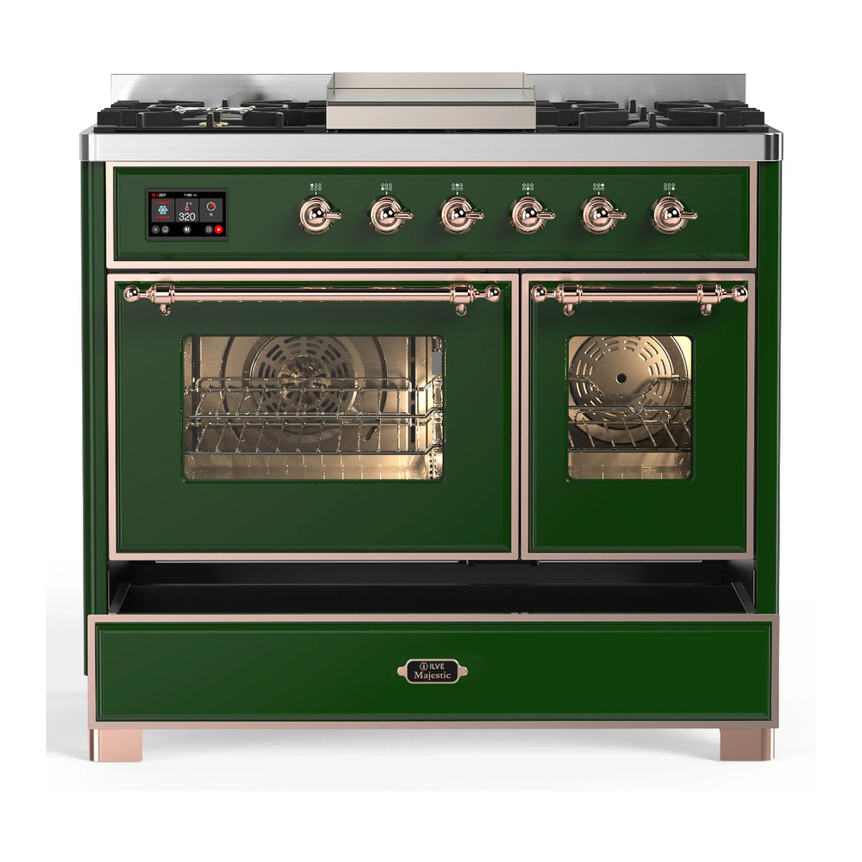 ILVE Majestic III 40-inch Dual Fuel Range with 6 Natural Gas Burner, Griddle and Triple Glass Door Electric Oven in Emerald Green with Copper Trim (UMD40FNR3EGP) - Image 3
