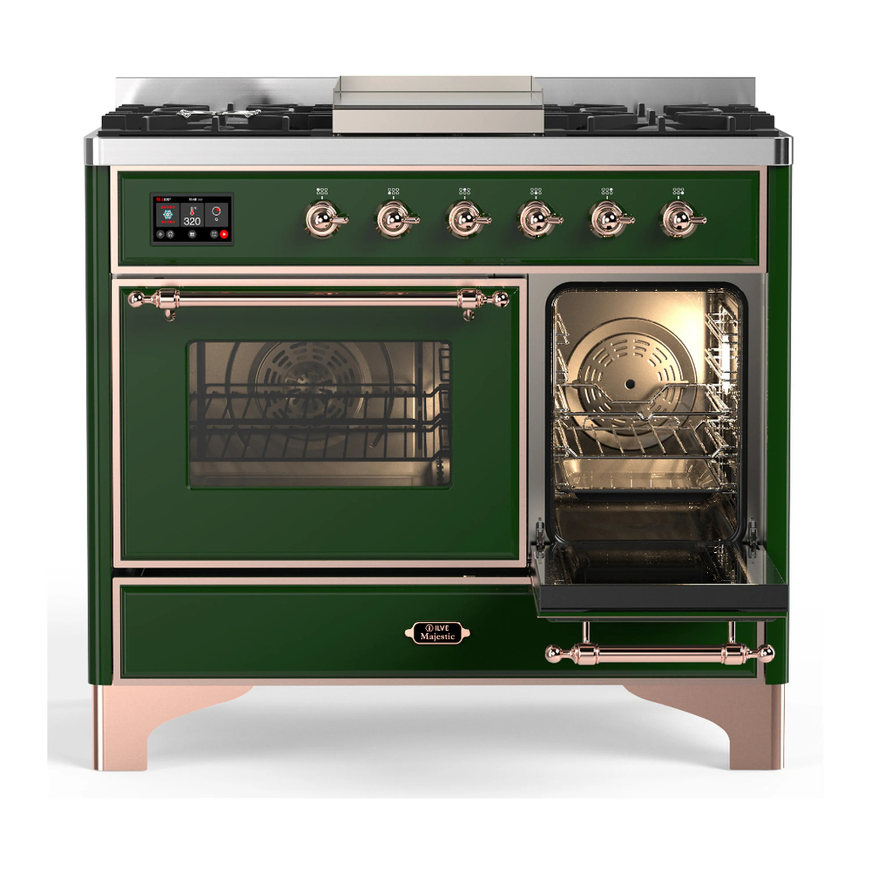 ILVE Majestic III 40-inch Dual Fuel Range with 6 Natural Gas Burner, Griddle and Triple Glass Door Electric Oven in Emerald Green with Copper Trim (UMD40FNR3EGP) - Image 4