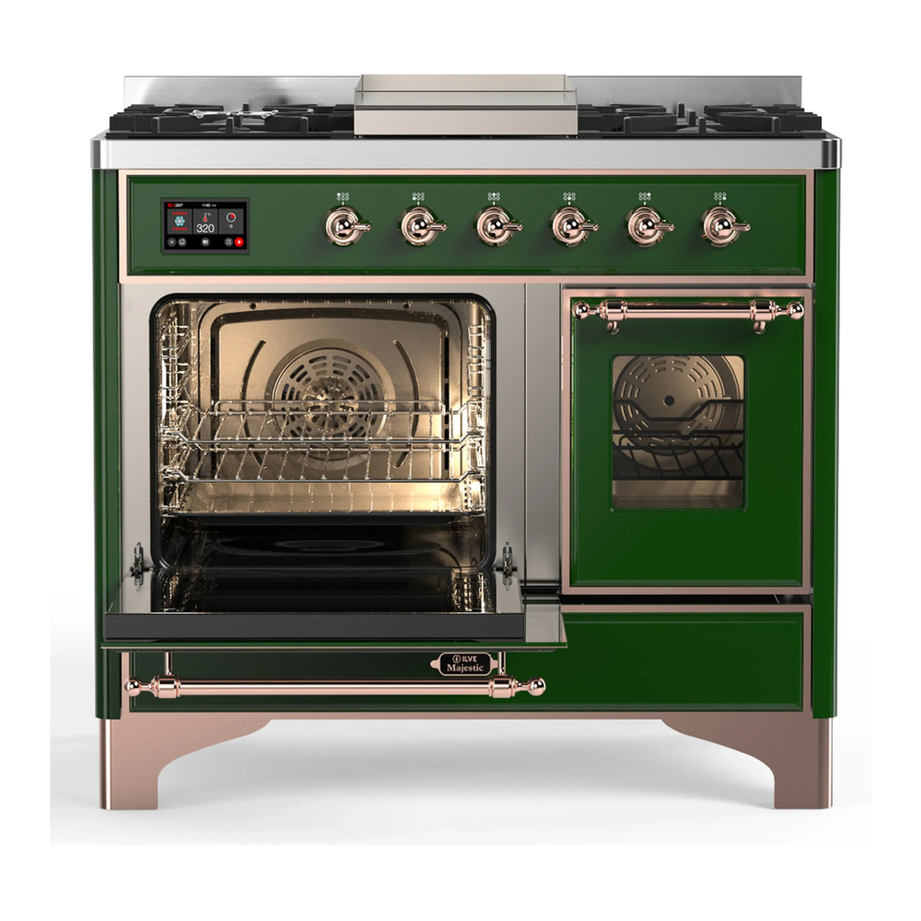 ILVE Majestic III 40-inch Dual Fuel Range with 6 Natural Gas Burner, Griddle and Triple Glass Door Electric Oven in Emerald Green with Copper Trim (UMD40FNR3EGP) - Image 5