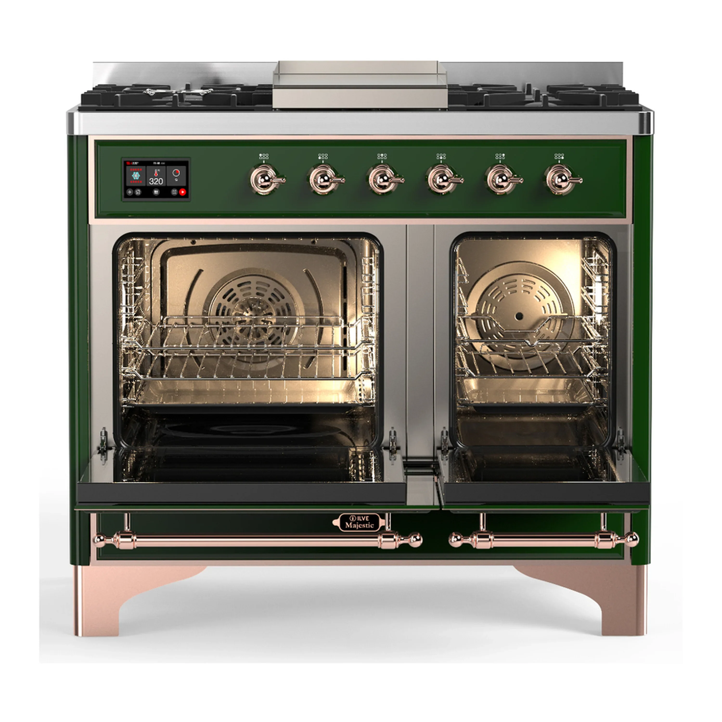 ILVE Majestic III 40-inch Dual Fuel Range with 6 Natural Gas Burner, Griddle and Triple Glass Door Electric Oven in Emerald Green with Copper Trim (UMD40FNR3EGP) - Image 6
