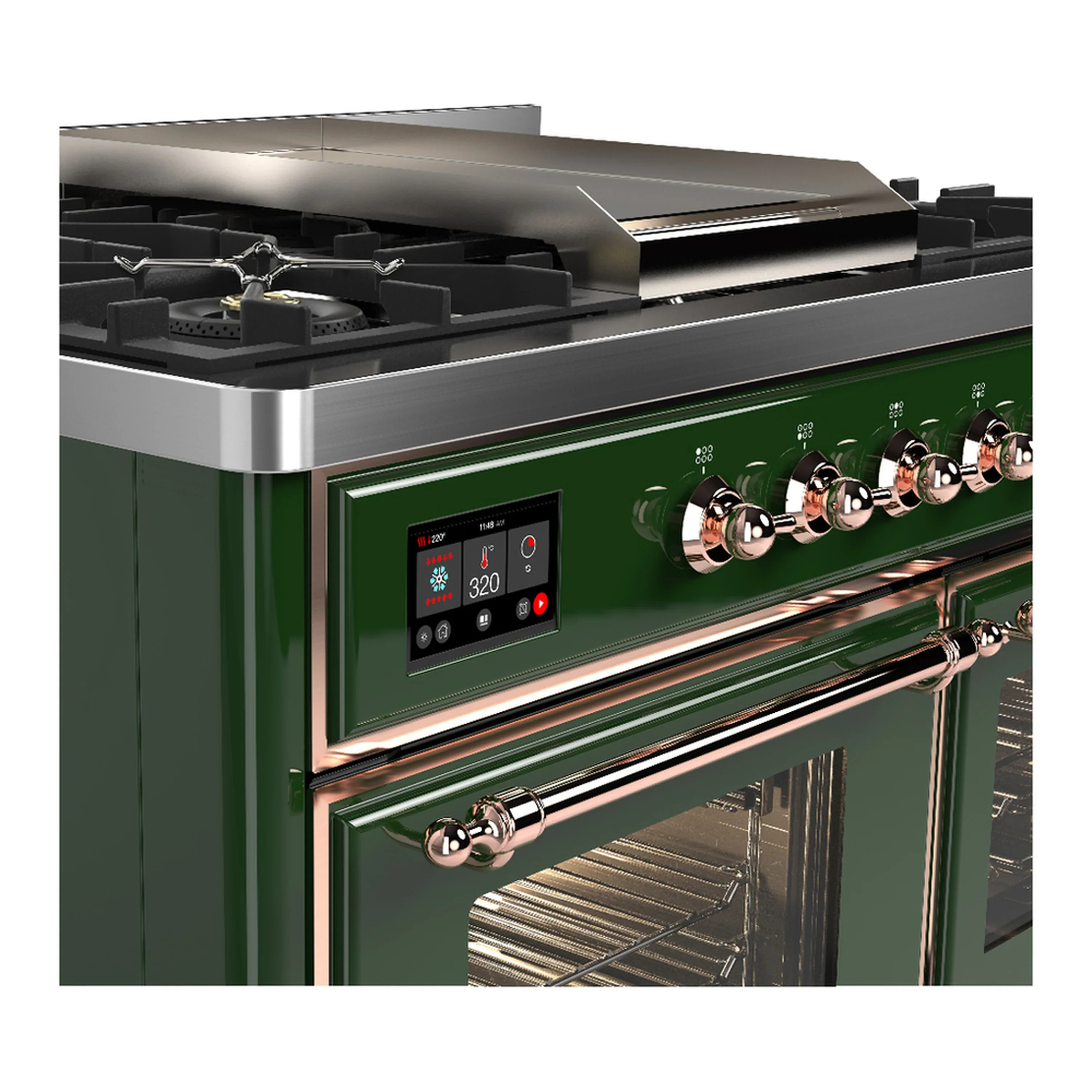 ILVE Majestic III 40-inch Dual Fuel Range with 6 Natural Gas Burner, Griddle and Triple Glass Door Electric Oven in Emerald Green with Copper Trim (UMD40FNR3EGP) - Image 7